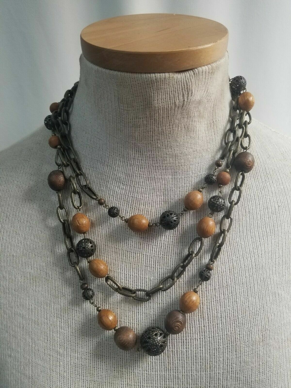 LAURA ASHLEY Necklace Wooden & Metal Beads Coppertone EARTHTONES