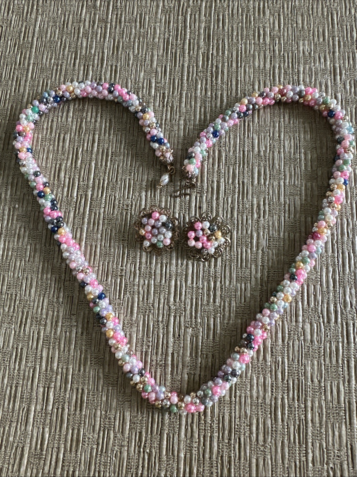 Vintage Style Beaded Necklace and Earings handmade beaded multi colored