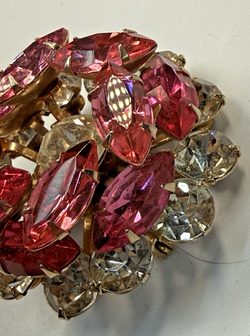Vintage Pink Navette Rhinestone Domed Brooch Mid Century Gold Tone