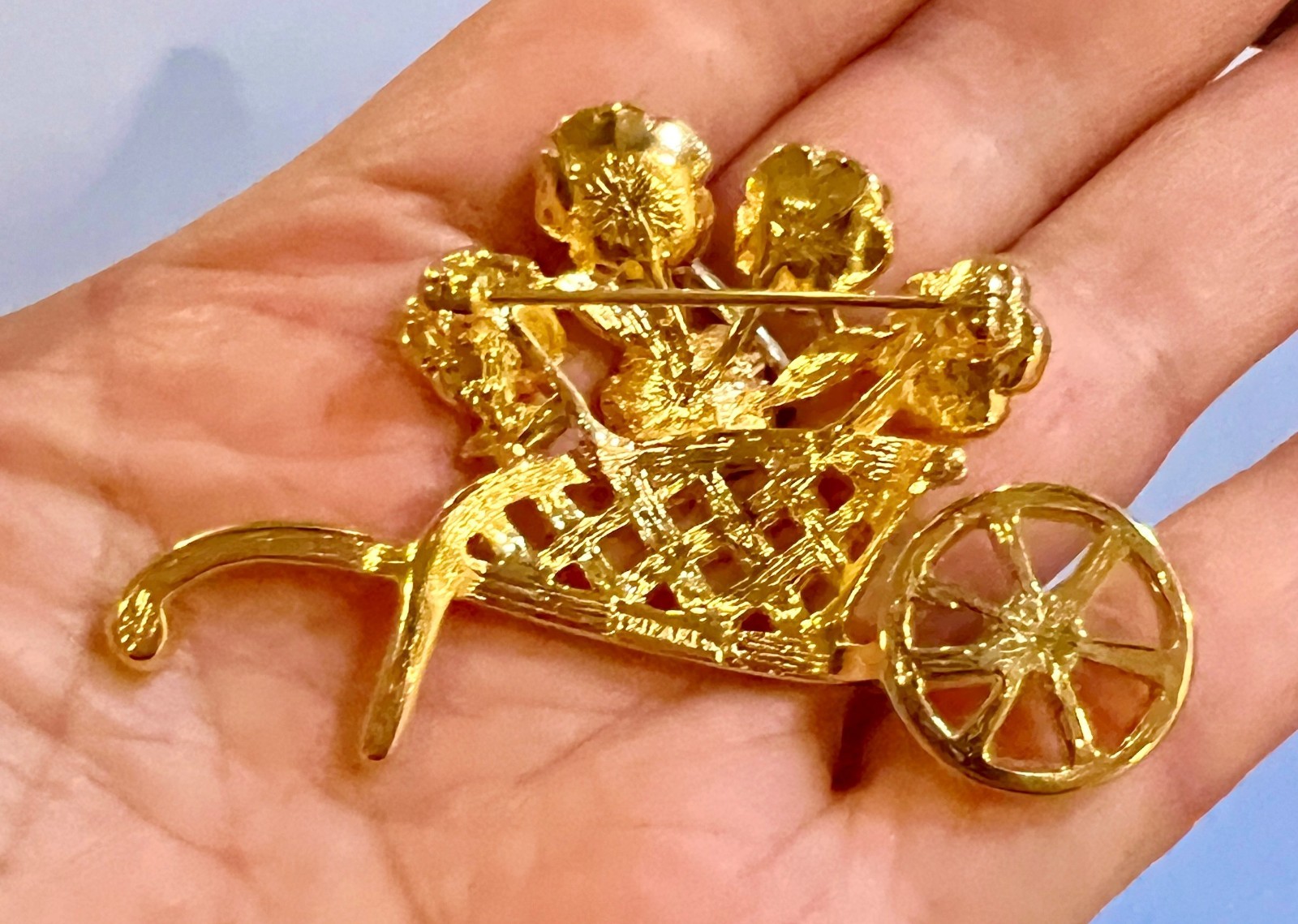 Signed Trifari Vintage Flower Wheelbarrow Brooch Pin Gold Tone 2.25 Inches Long