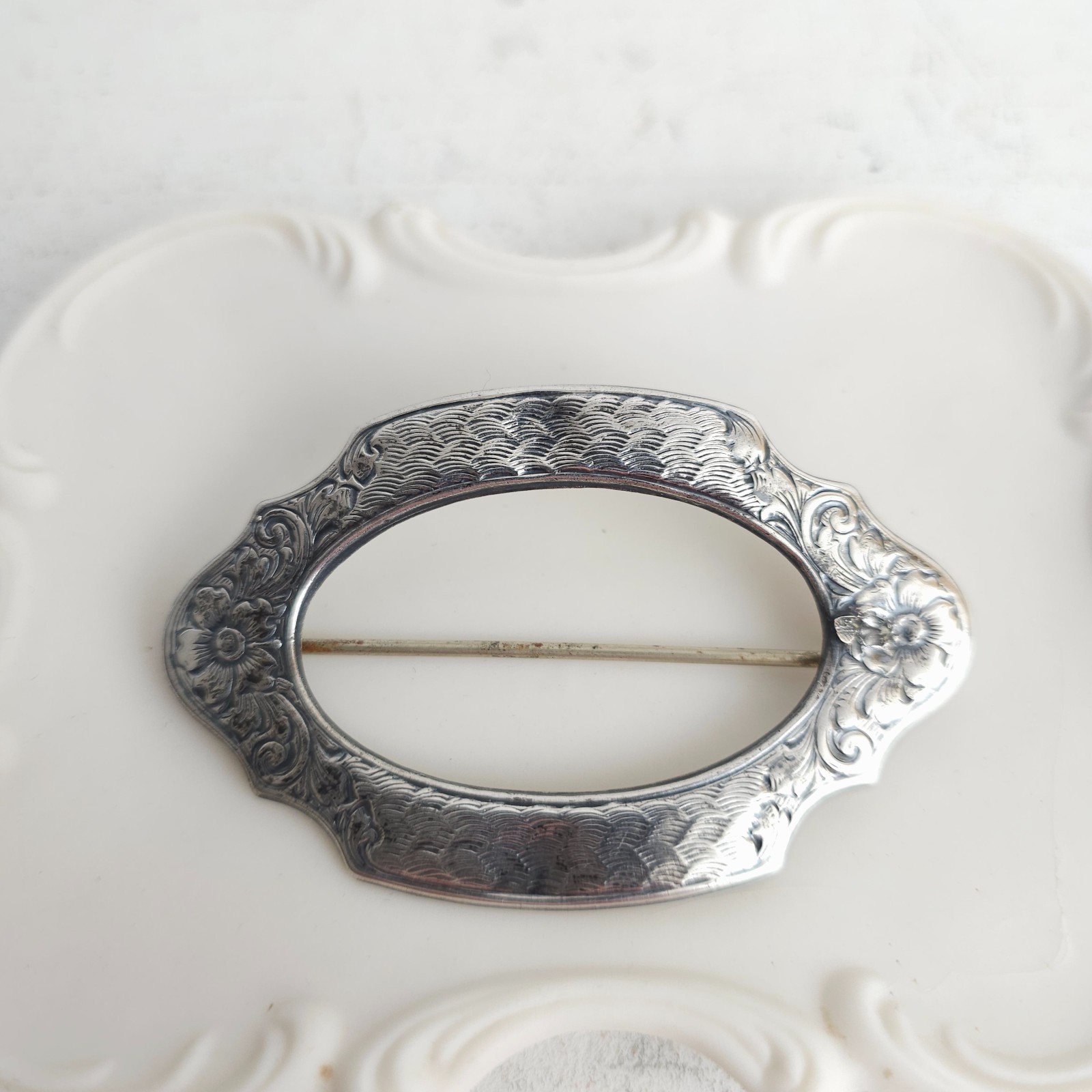 Vintage Antique Victorian Sterling Silver Top 925 Belt Buckle Brooch Pin C Clasp