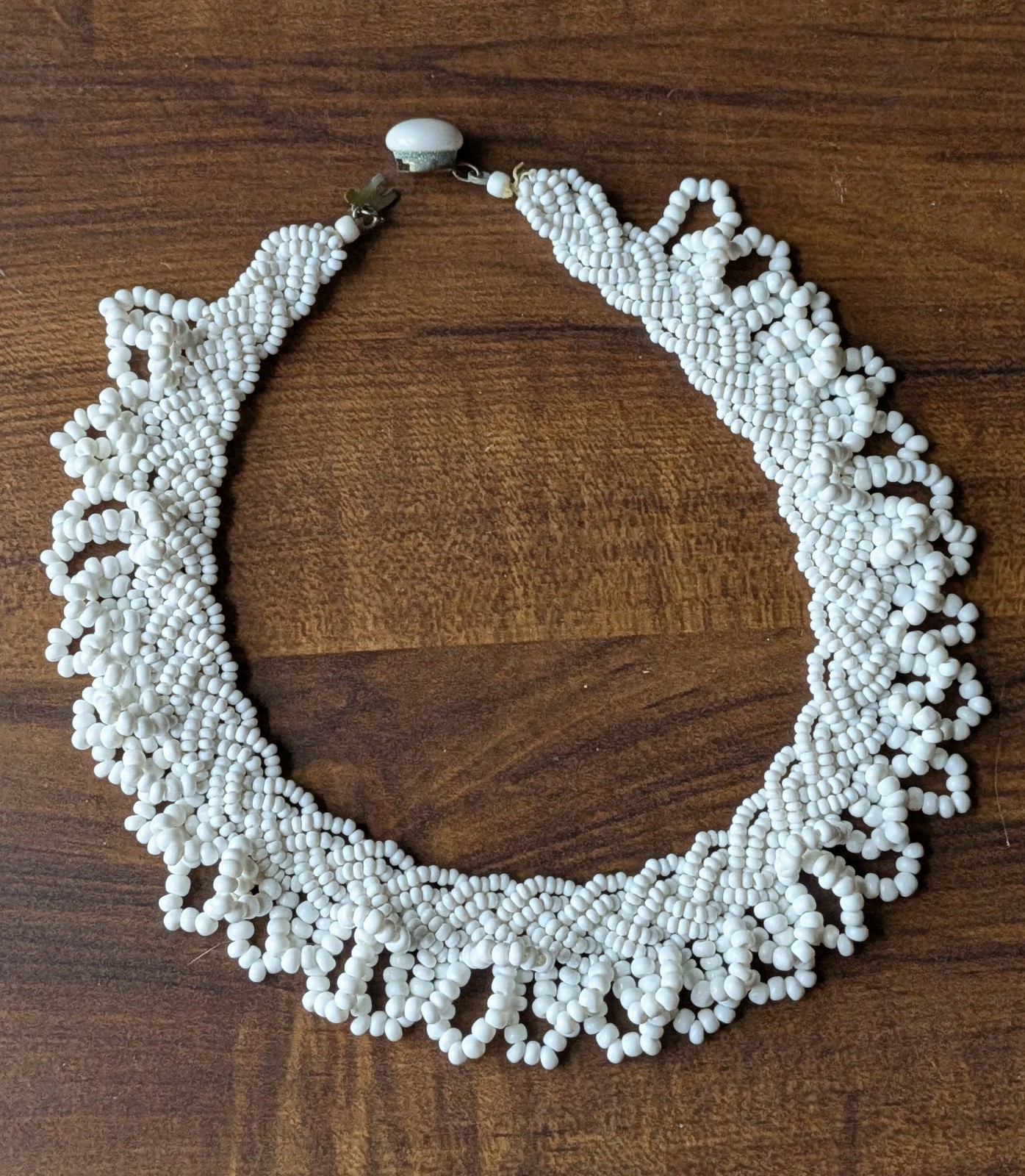 Vtg Japan MCM White Braided Seed Bead Scallop Fringe Collar 15″ Necklace AS IS