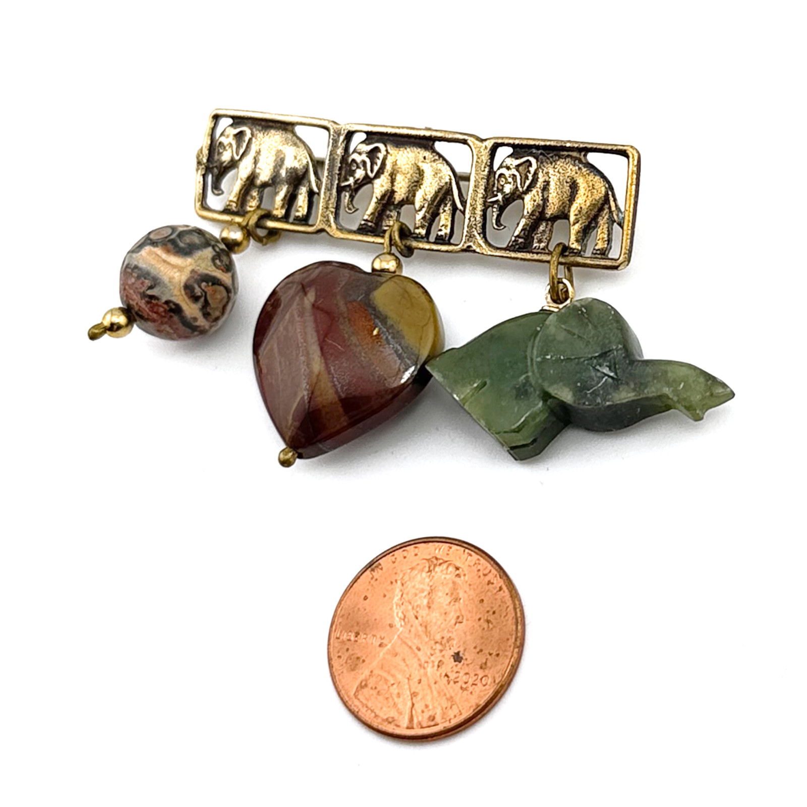 Brass Elephant Brooch Jadeite Jasper Agate Charms Great Falls Metal Works GFMW