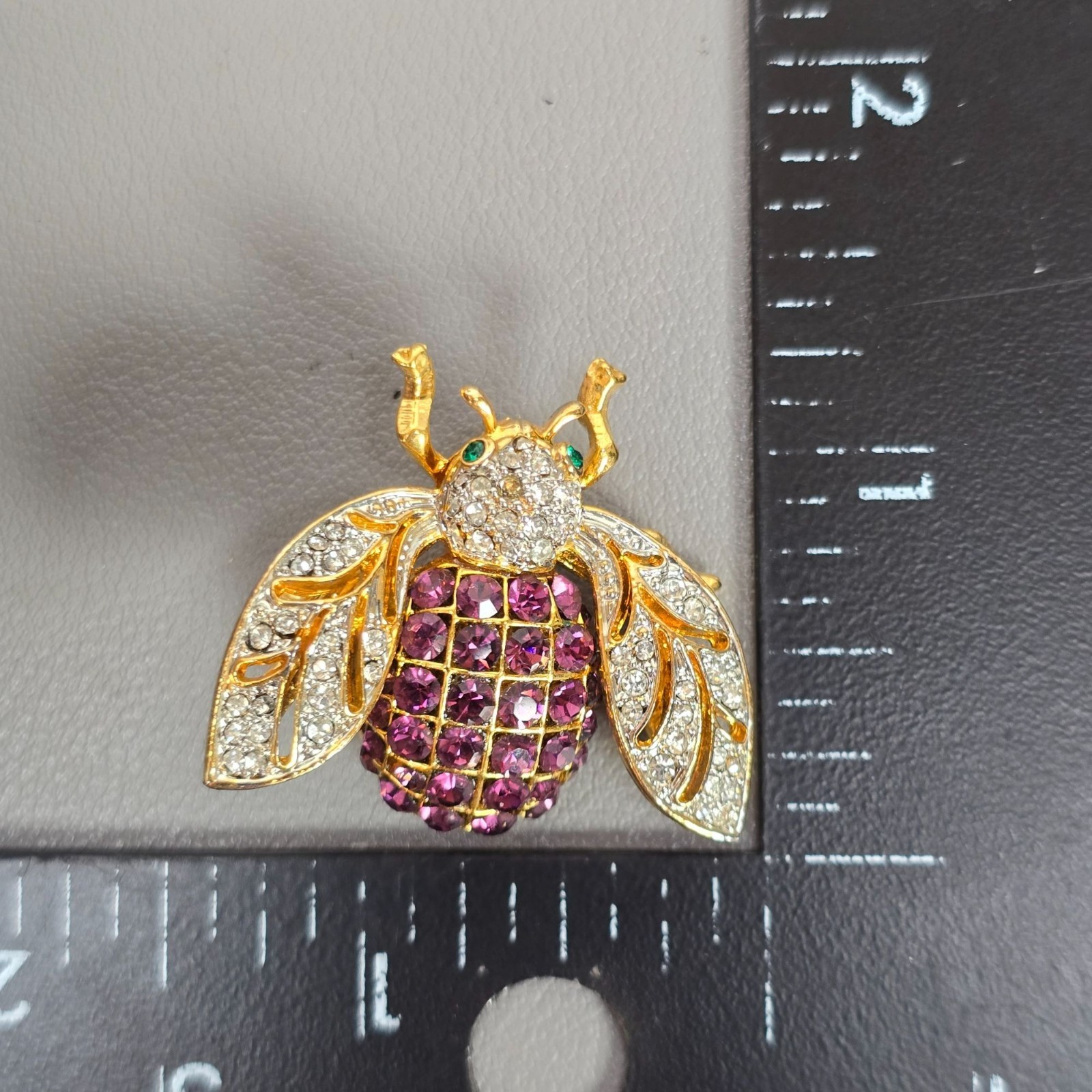 Cool Gold-Tone Bee Bug Brooch Pin W/ Purple Green & White Rhinestone Crystals