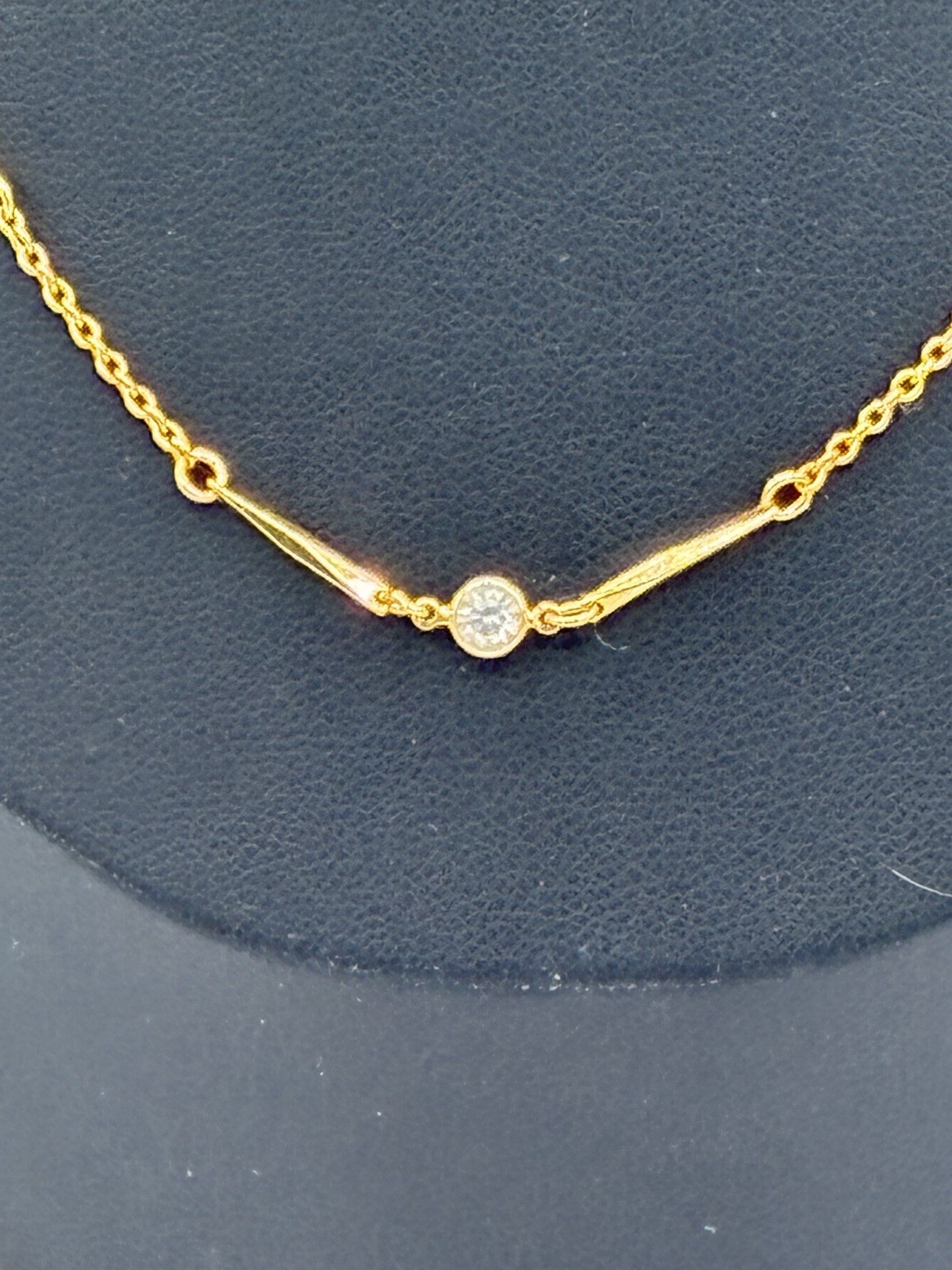 Gold Tone Bar Link Necklace Bezel Crystal Stations Vintage 80s Delicate