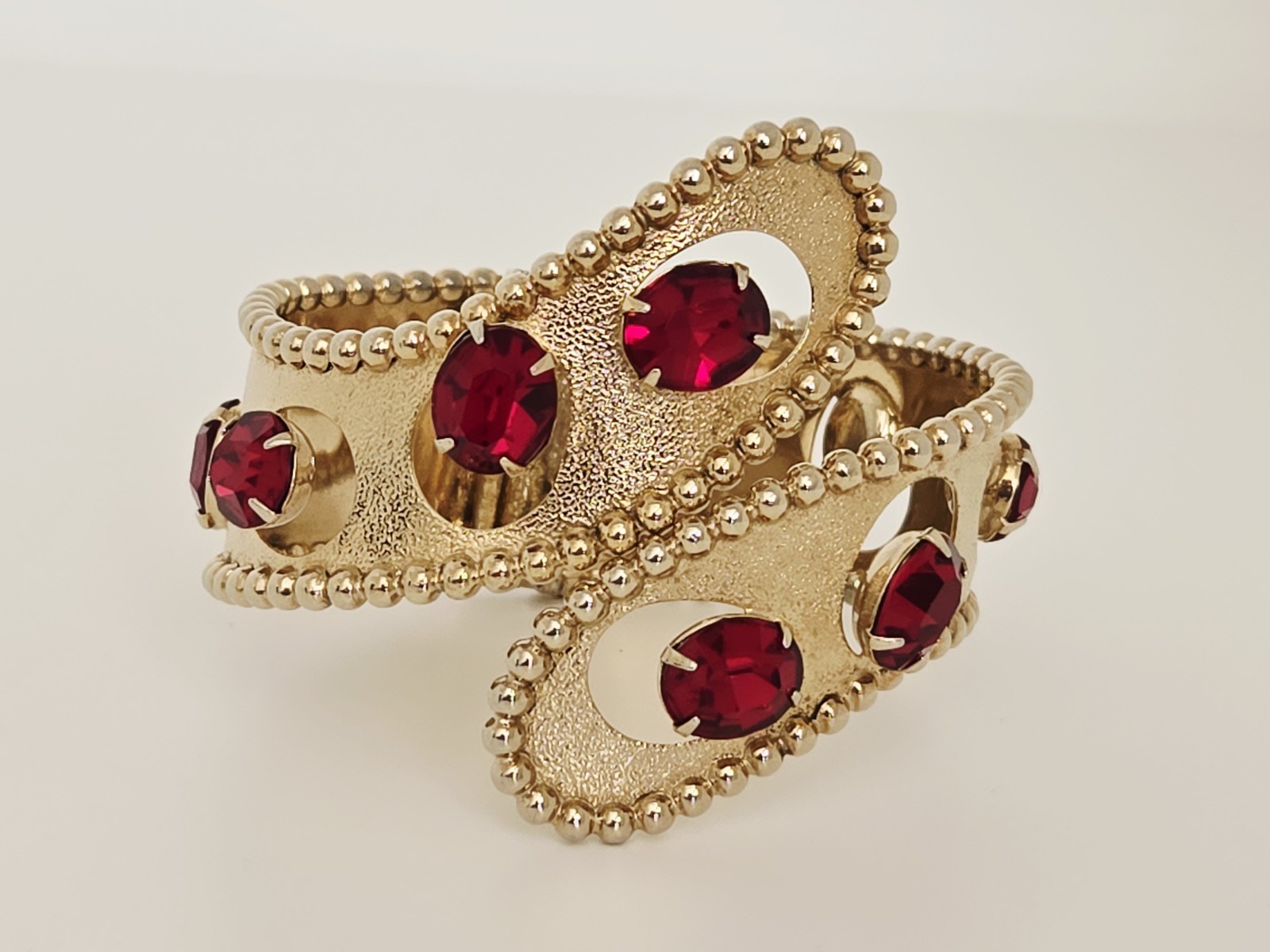 Vintage MCM Gold Tone Red Rhinestone Statement Clamper Bracelet