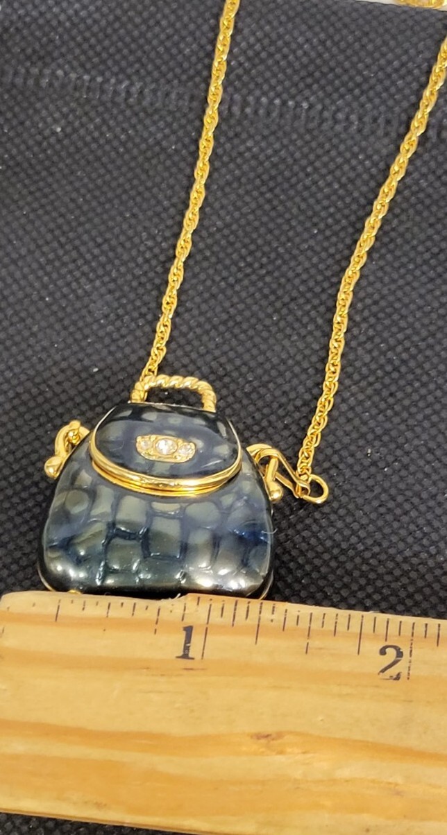 Vintage Enamel Purse Necklace stamped 1990 Goldtone & Blue