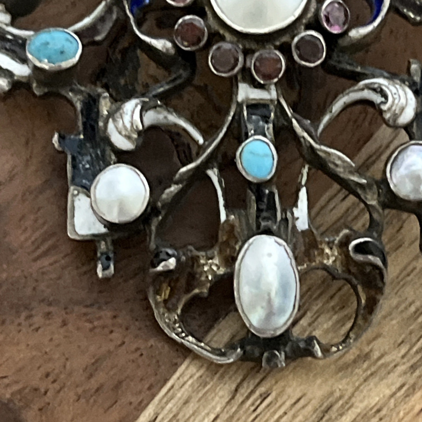 Antique Hermann Bohm AUSTRO HUNGARIAN Garnet Turquoise Silver Pendant Necklace
