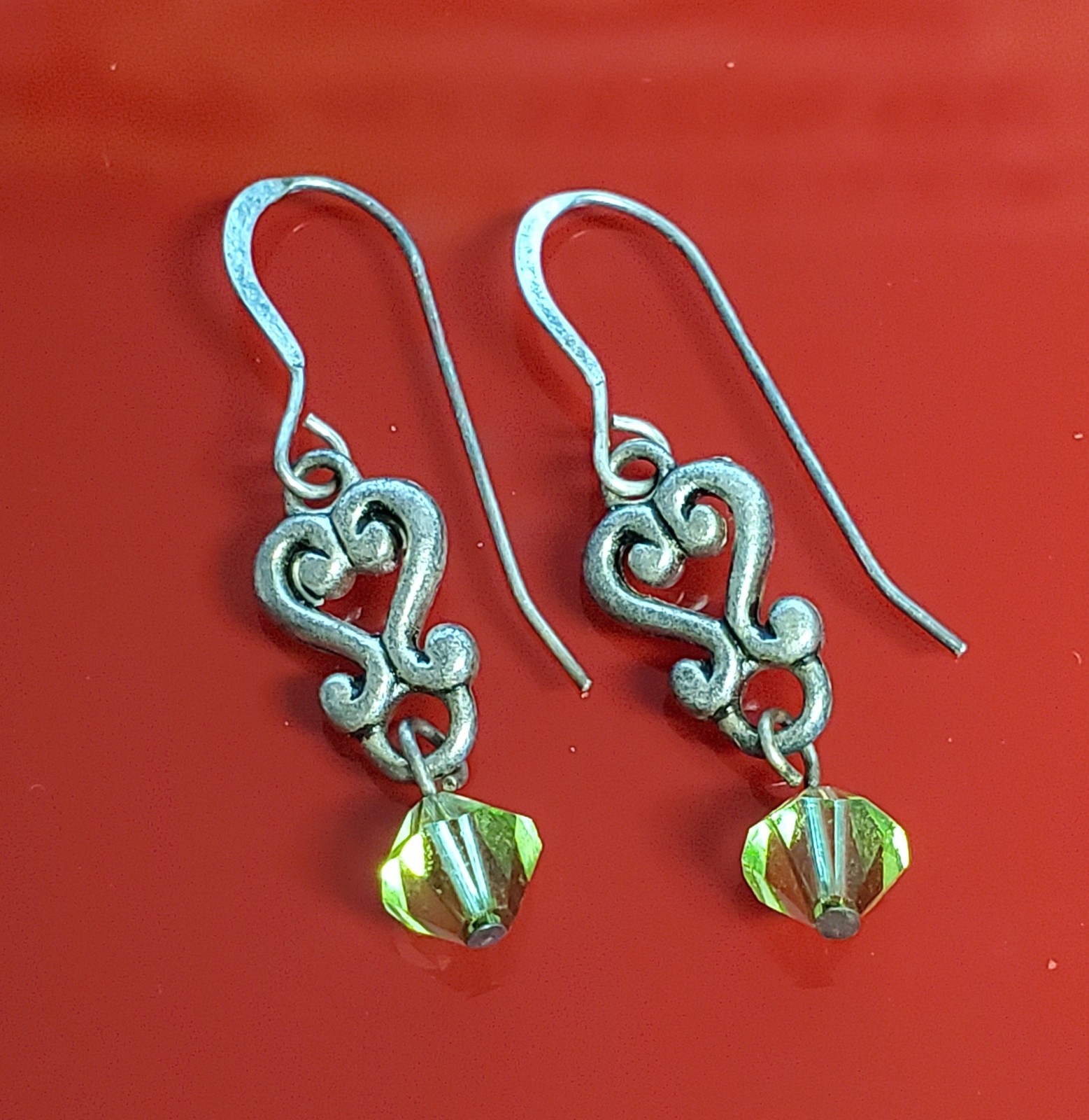VTG 925 Green Bicone Crystal Earrings 1.25in Drop Sterling Silver Heart Scroll