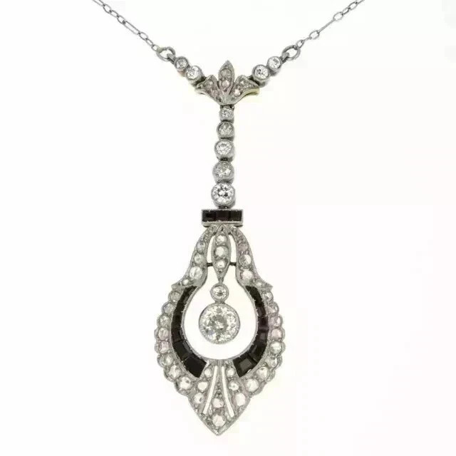 2Ct Art Deco Style Lab-Created Diamond & Onyx Wedding 14K White Gold FN Pendant