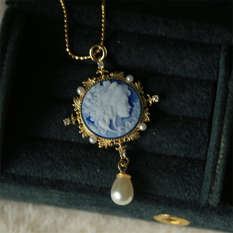 vintage Cameo pendant blue agate 925 silver anniversary gift antique jewelry