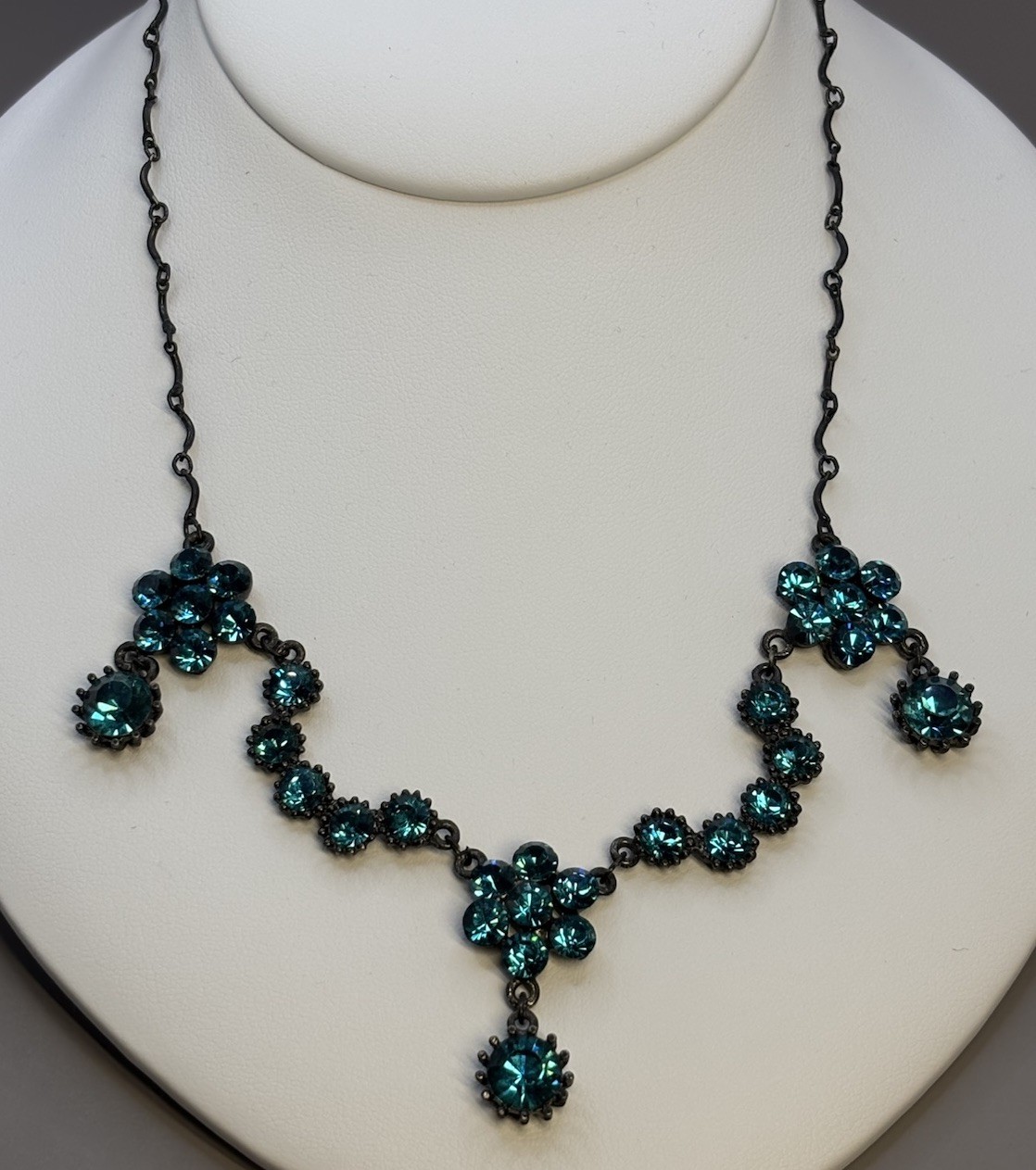 Vintage Austrian Crystal USA Signed Teal Gun Metal 16”
