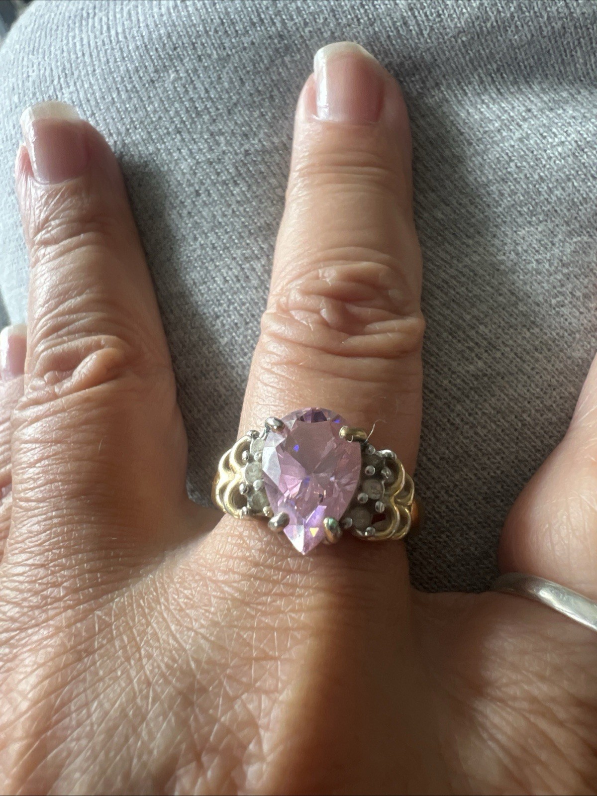 Vintage Stamped Ring-18KT GE Rhinestones With Pink Stone Size 7 3/4