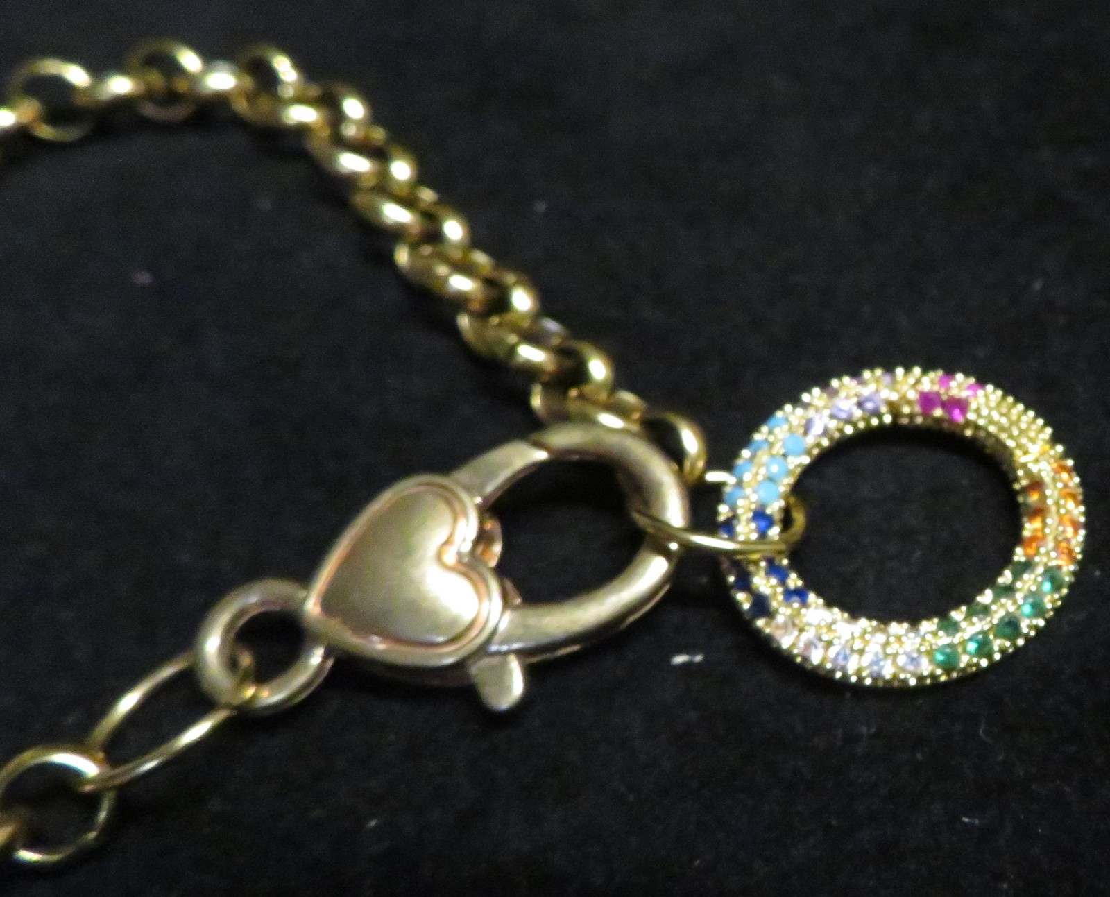 Vintage Heart Clasp 8″ Bracelet Gold Tone Multi Color Rhinestone Circle Ring GUC