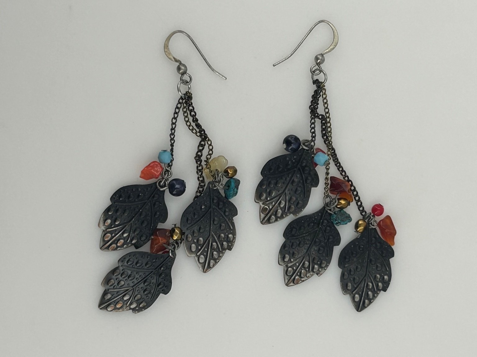 Oxidized Silver Tone Dangle Drop Earrings 3.5″ Leaf Charms Multi-Color Beads