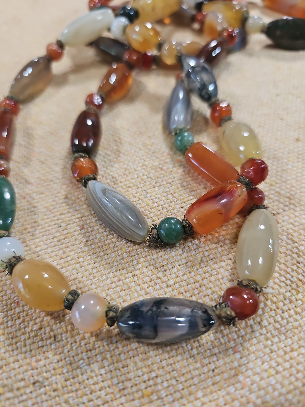 VTG Beggar Bead Genuine Stone Hand Knotted 60″ Necklace Agate Jade Carnelian