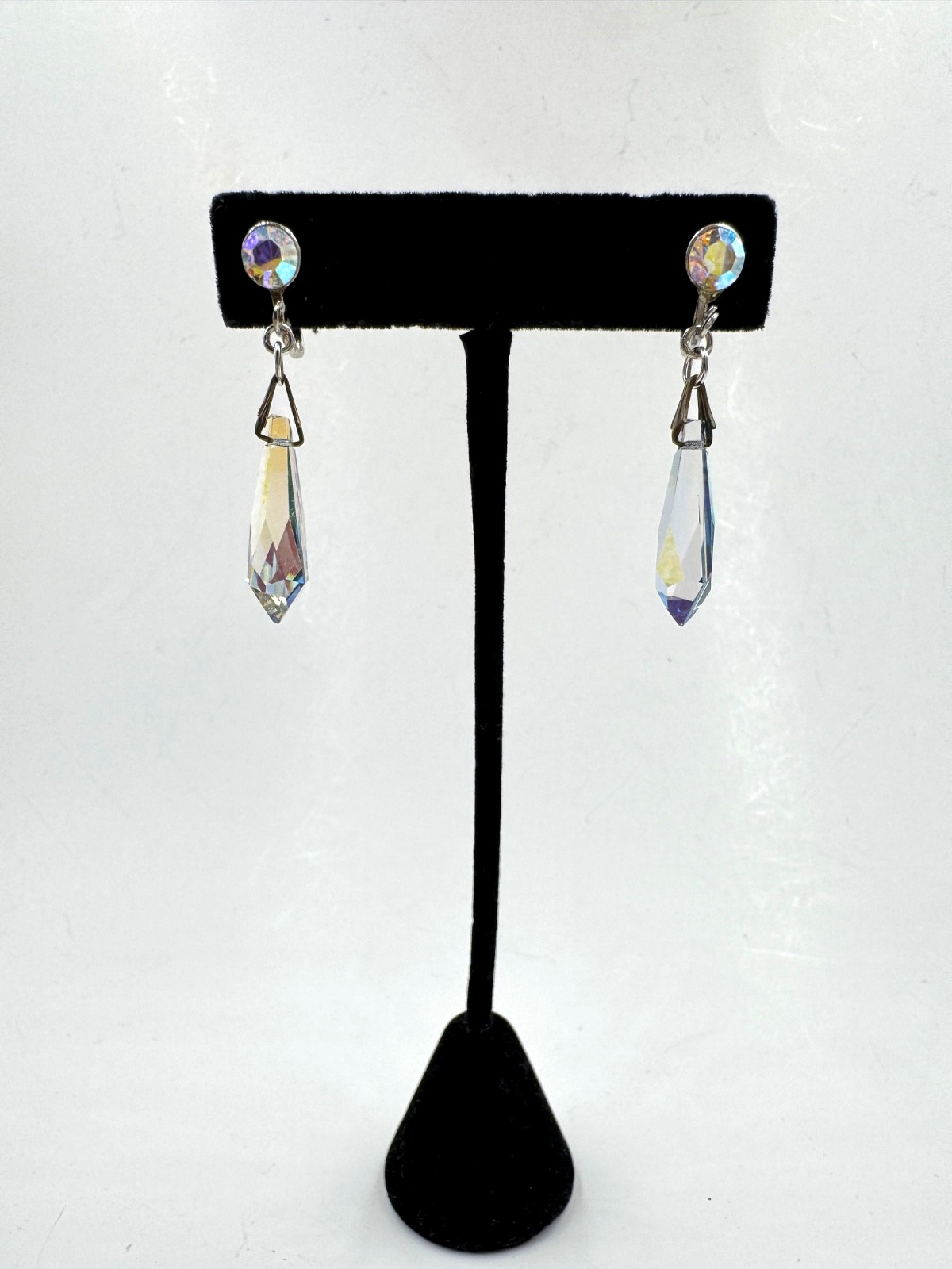 AURORA BOREALIS STELLA CRYSTAL OBELISK GORGEOUS VINTAGE DROP EARRINGS SCREW BACK