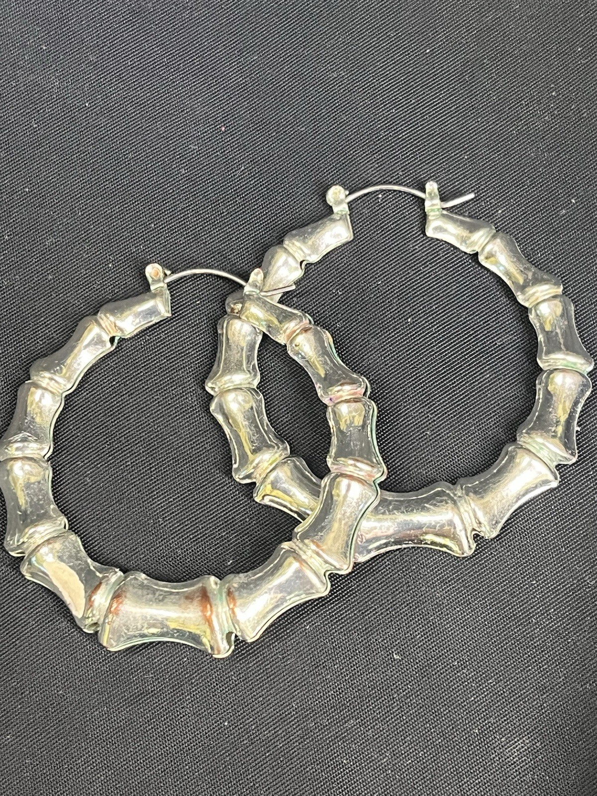 VINTAGE BAMBOO SILVER TONE METAL HOOP EARRINGS 2”