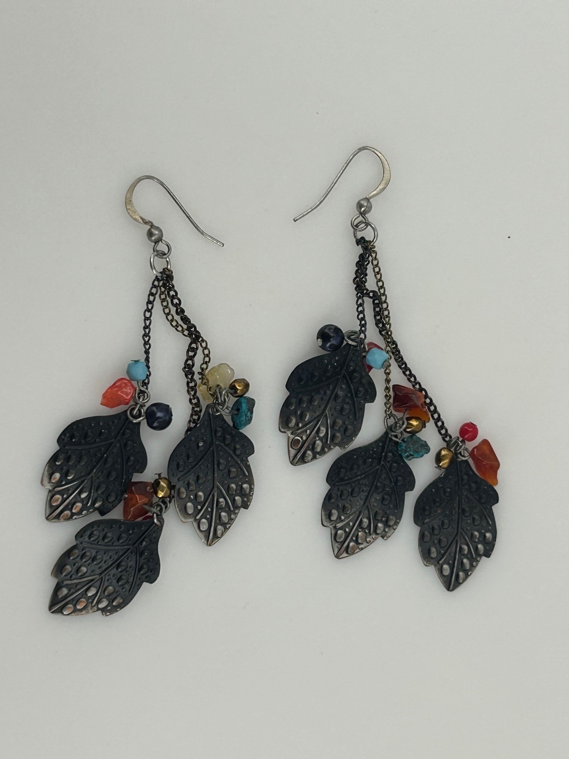 Oxidized Silver Tone Dangle Drop Earrings 3.5″ Leaf Charms Multi-Color Beads