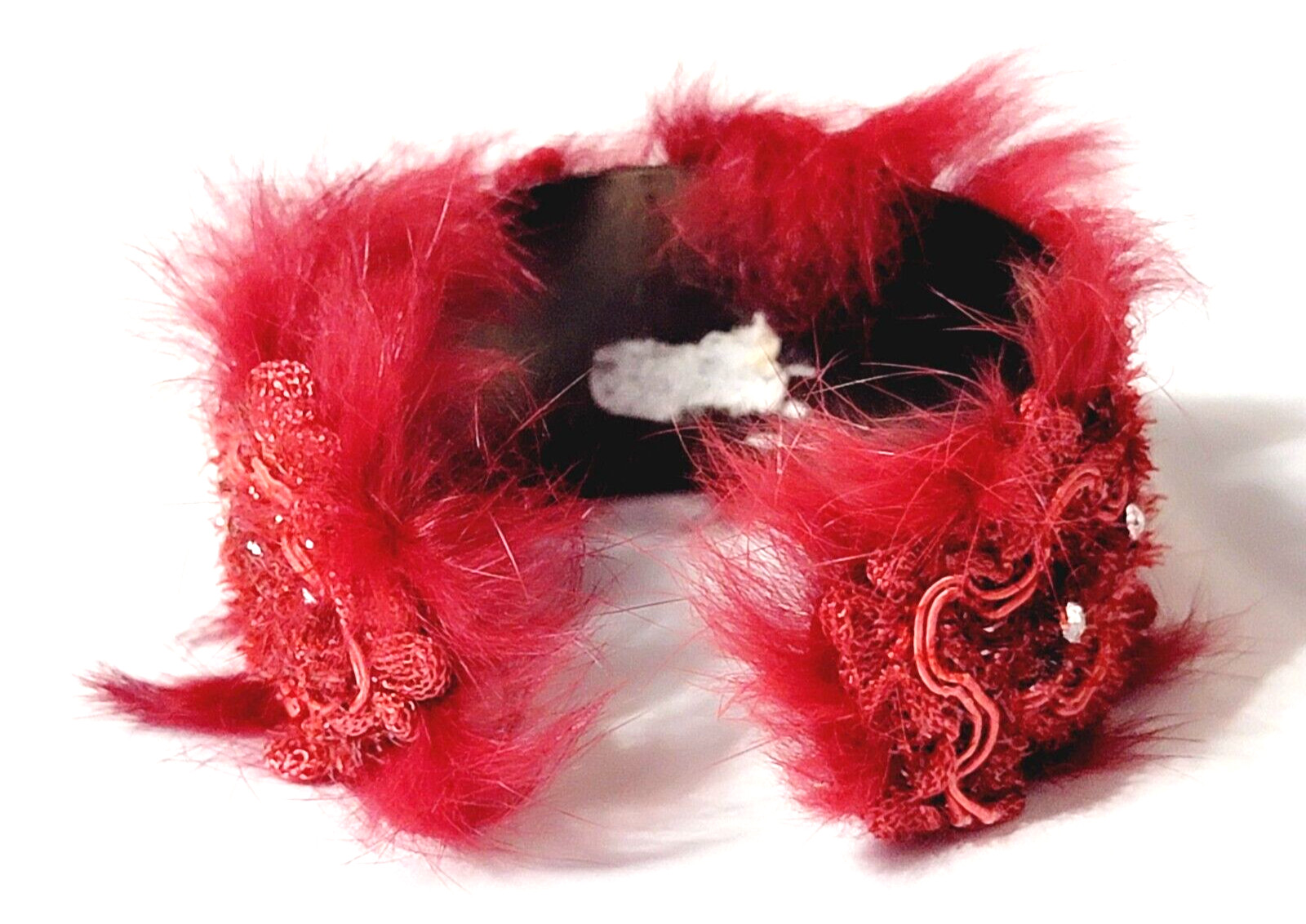 Faux Fur Red Cuff Bracelet Ornate Rhinestones Diva Statement Jewelry cfb