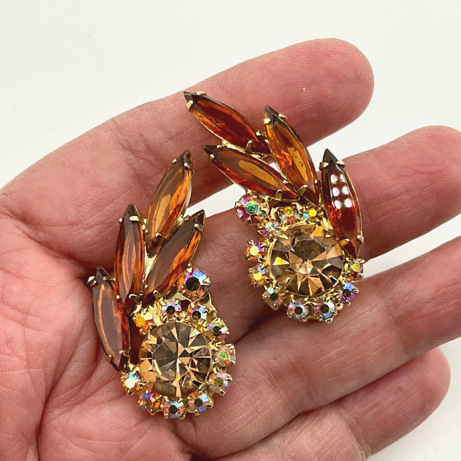 Vintage Mid Century Modern Crystal Clip Earrings Amber Navette Aurora Borealis