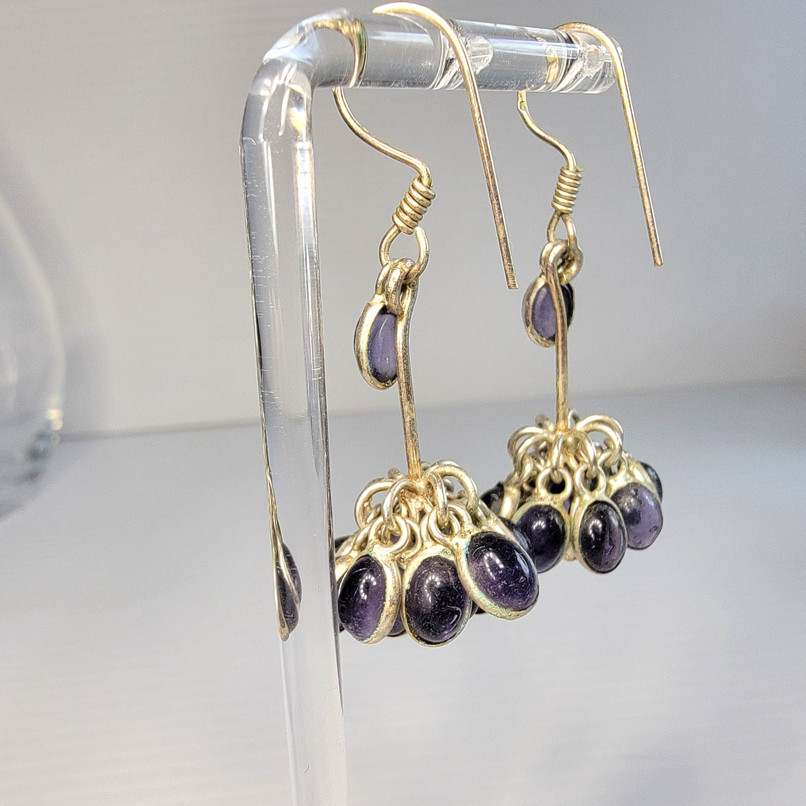 VTG Sterling Silver Cha-Cha Cluster Earrings Iolite Blue Glass Chandelier 925