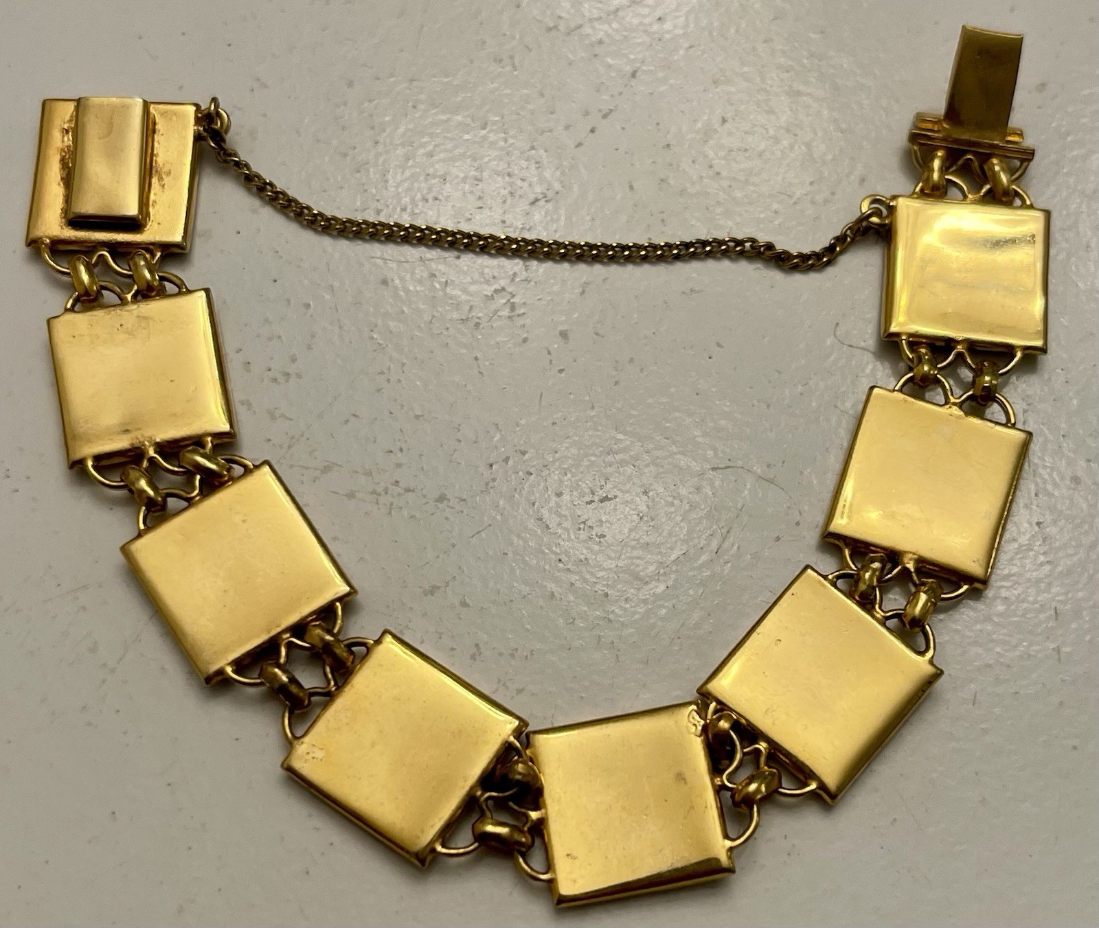 Vtg Damascene Toledo Spain Buildings Horse Solider Link Bracelet Gold Plated 7”