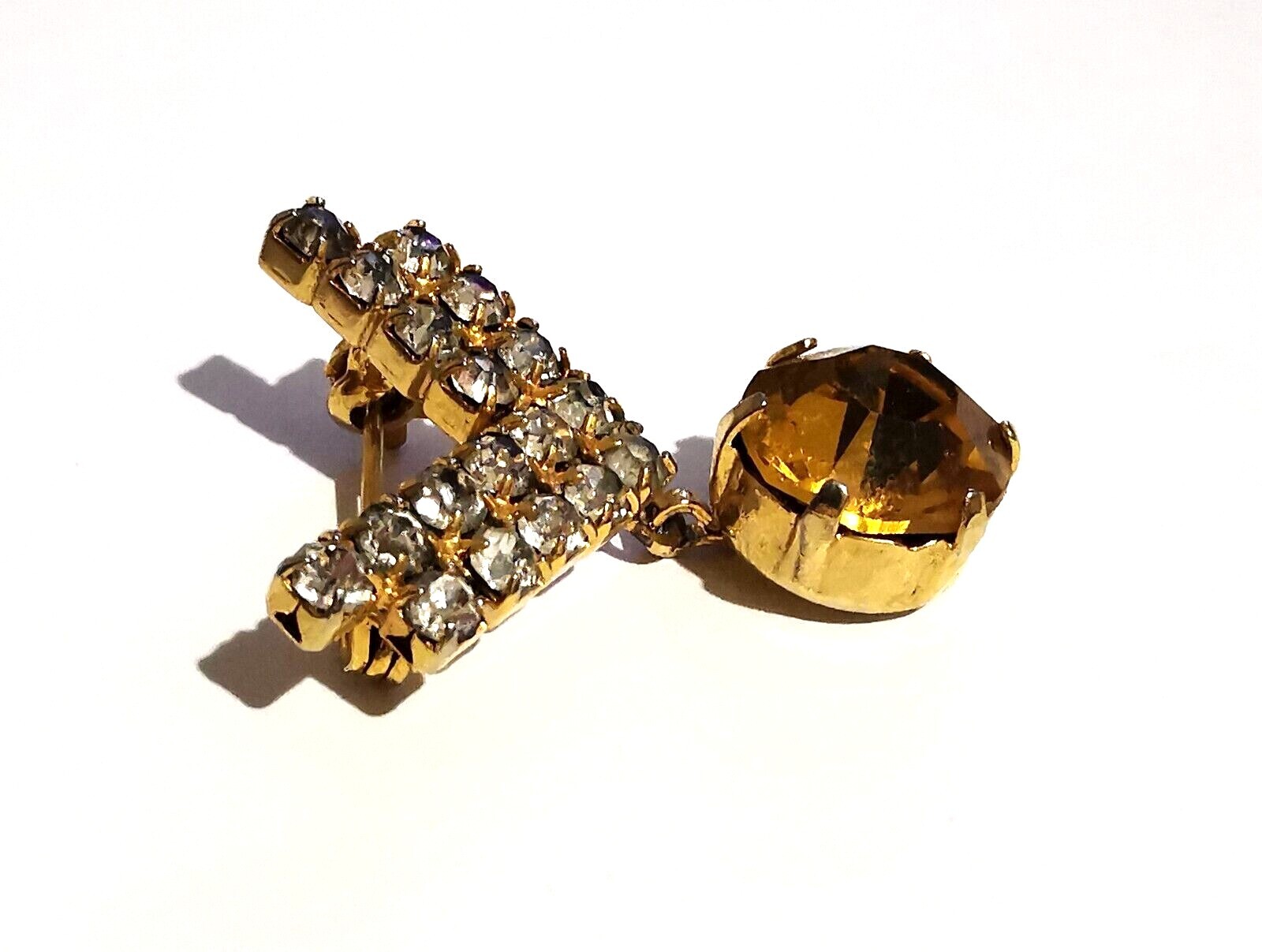 Vintage Czech Small Brooch Cognac Tone Glass Pendant Clear Rhinestones Handmade