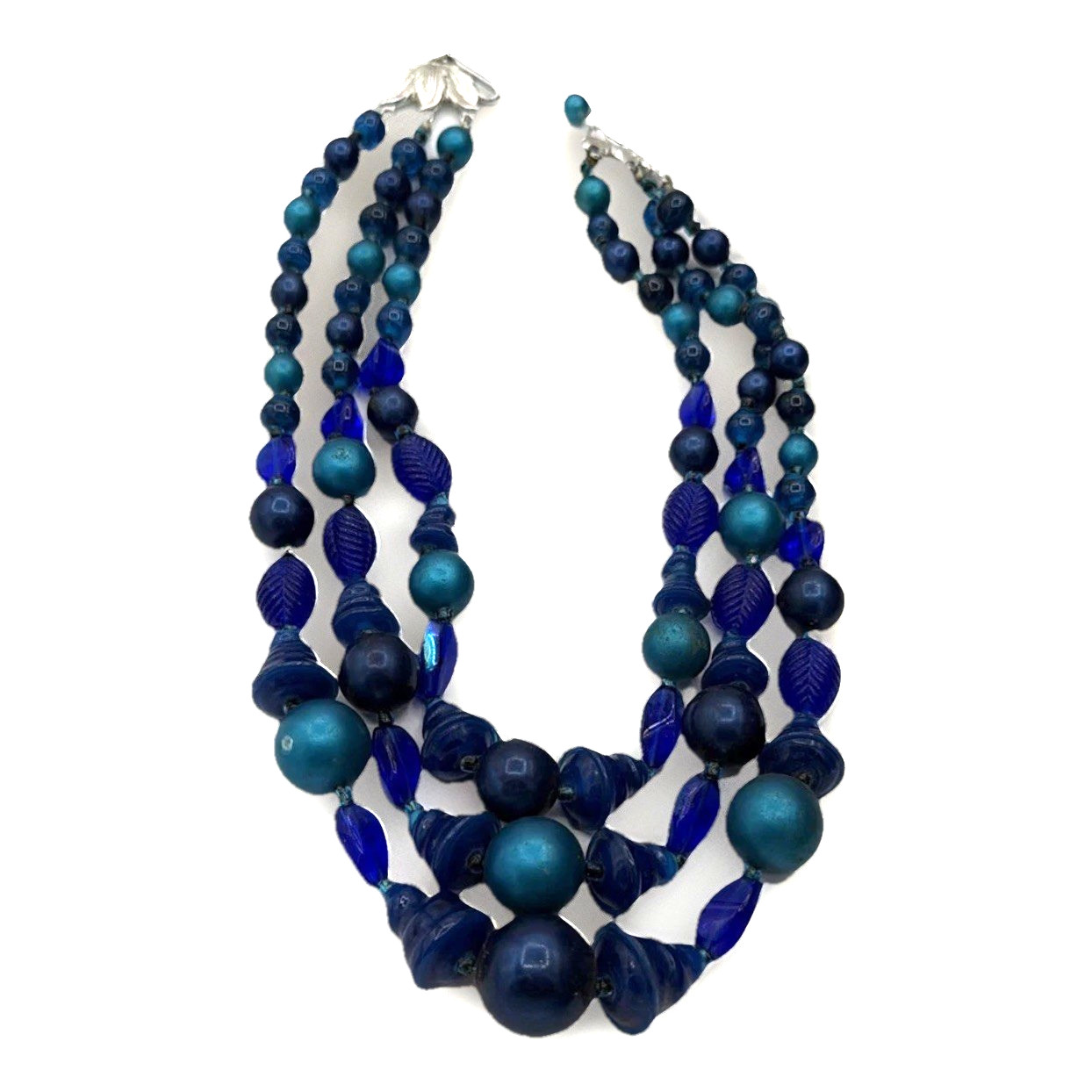 Japan Signed Vintage Multi‑Strand Blue Beaded Necklace – Art Glass Statement