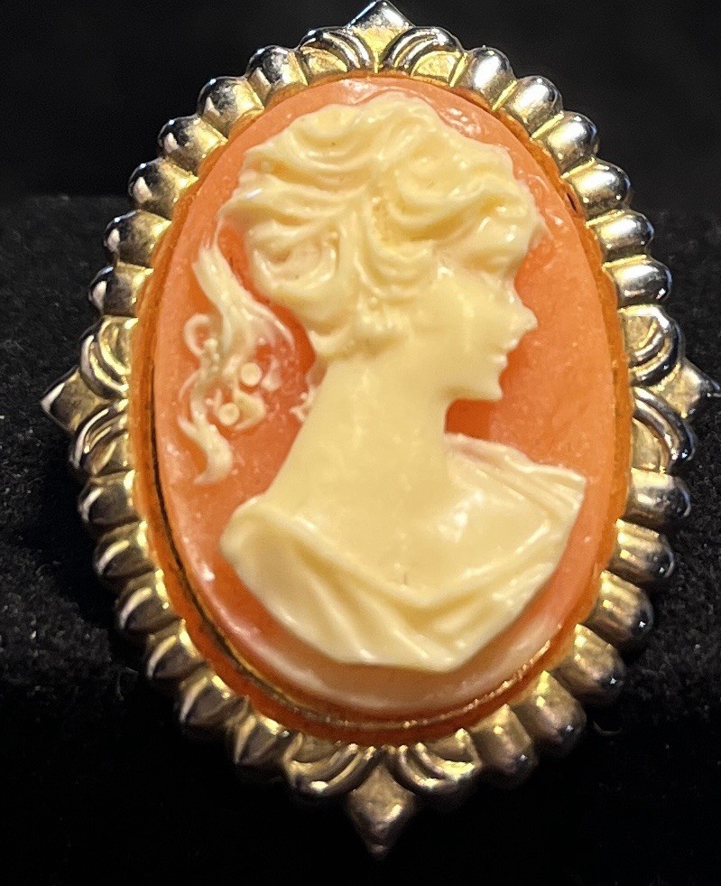 Oval Cameo Brooch Orange Cream Gold Tone Plastic Lady Profile Beauty Theme