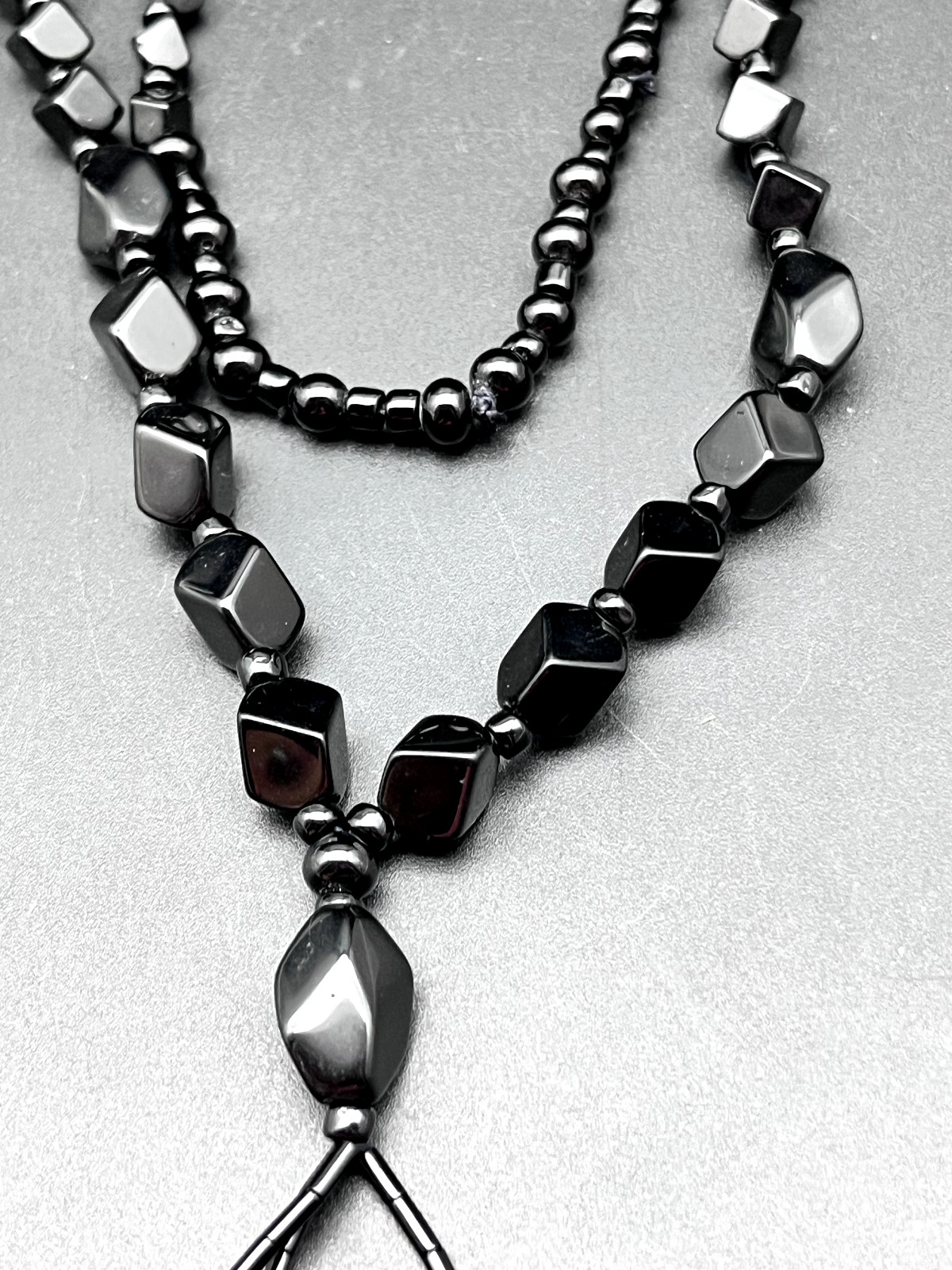 Vintage Long Cut Faceted Polished Black Glass Mourning Bead Tassel Necklace