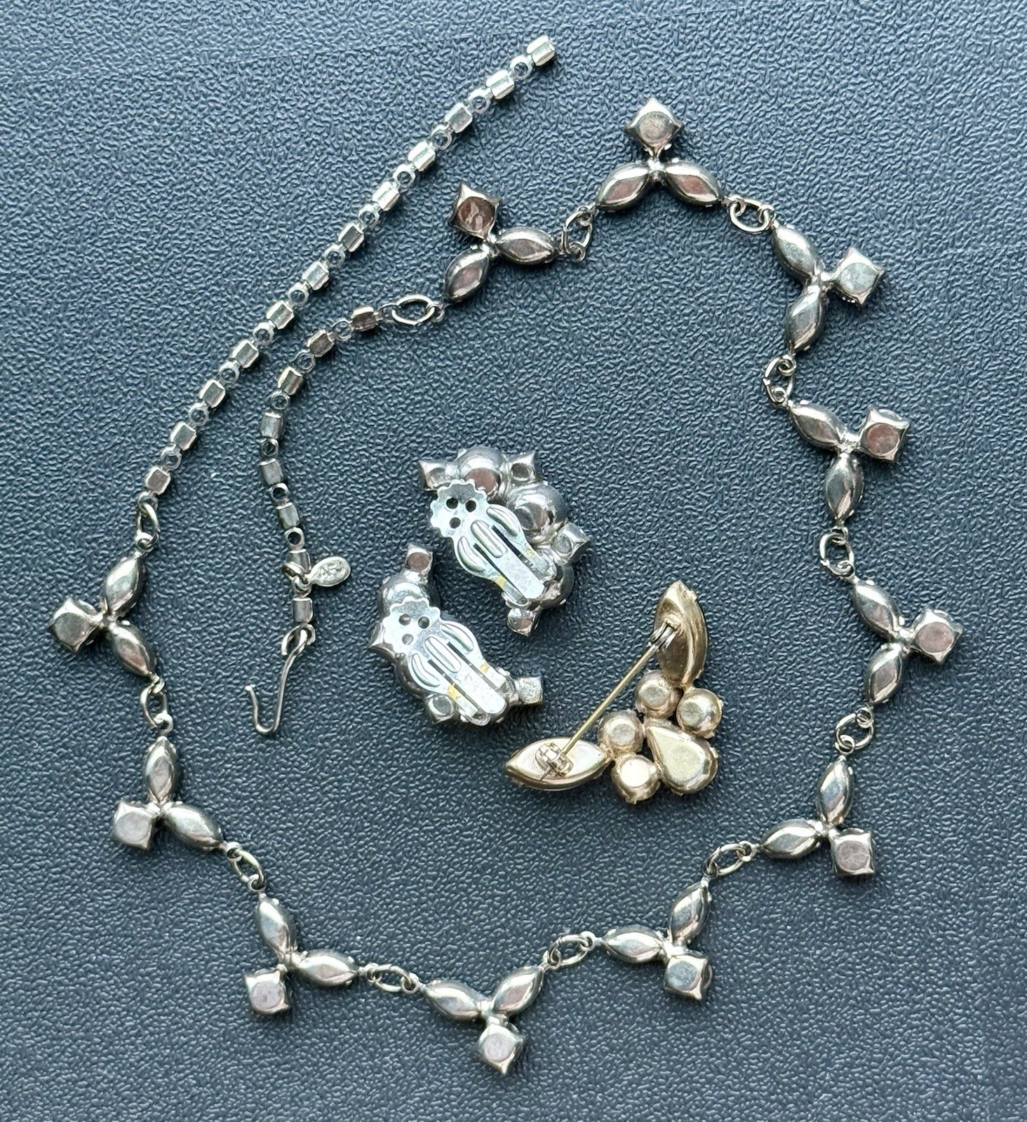 Vintage Designer Jewelry Lot Smoky Grey Rhinestone Necklace Brooch Earrings. A