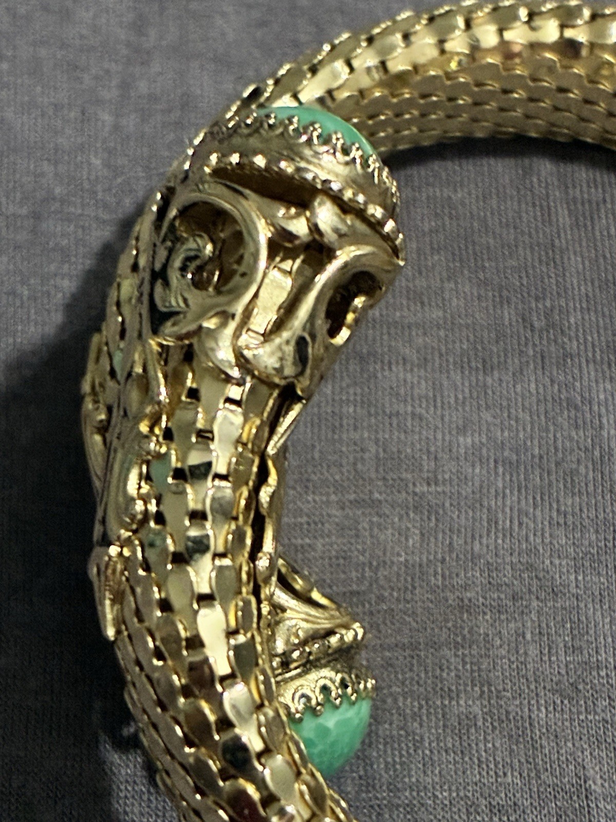 Vintage Whiting & Davis Mesh Snake Wrap Bracelet Green Peking Glass Cabachon