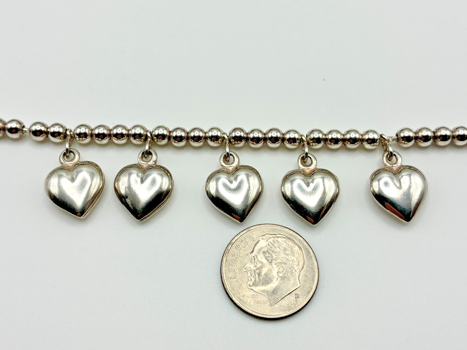 Vintage Italian 925 Silver Floating Bead Necklace with Five Puffy Dangle Hearts