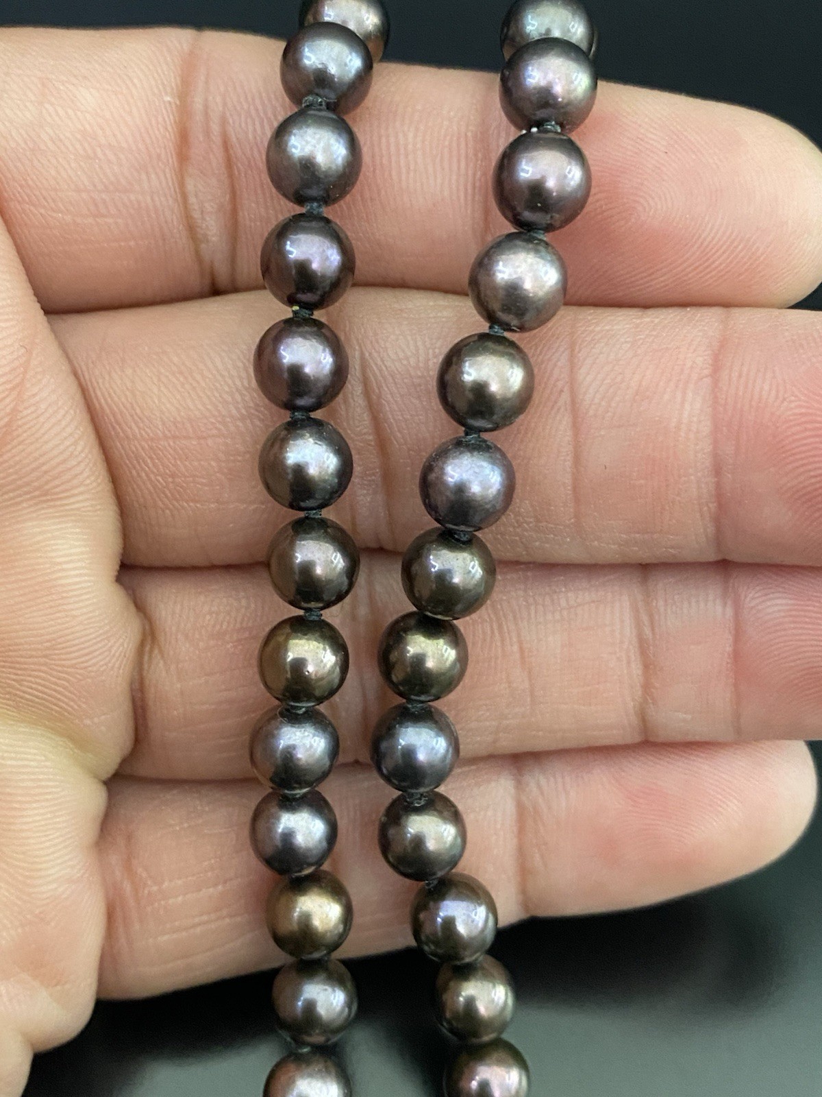 14K White Gold Fish Hook Clasp 6mm Hand Knotted Round Tahitian Pearl Necklace
