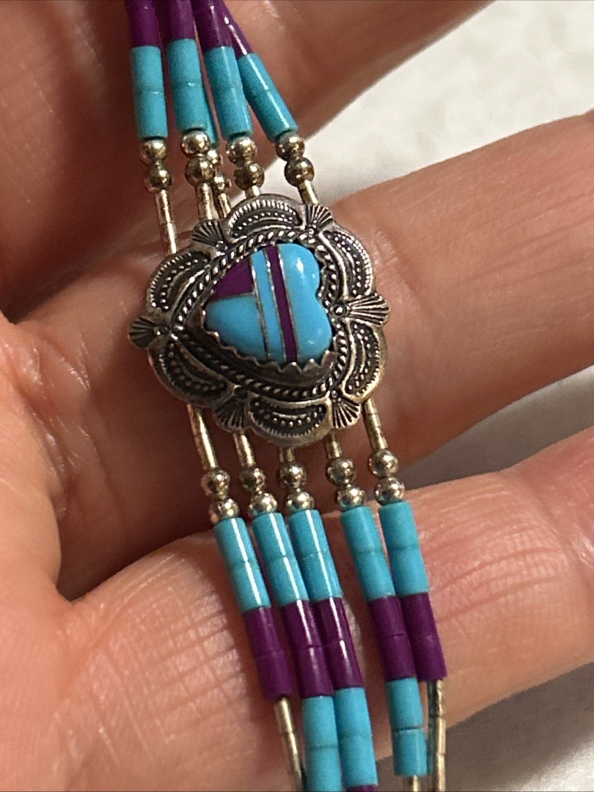 Vintage Sterling Silver Purple & Blue Turquoise Heart Inlay 925 QT Bracelet 🩵