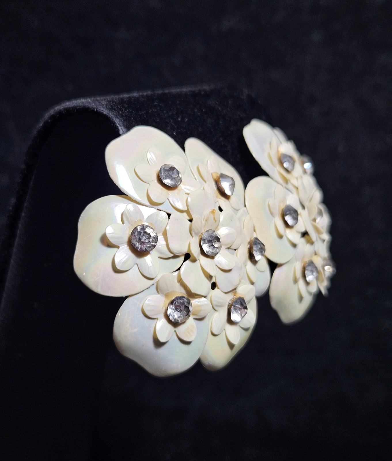 Vintage Floral Cluster Clip On Earrings Iridescent Petal Design with Rhinestone