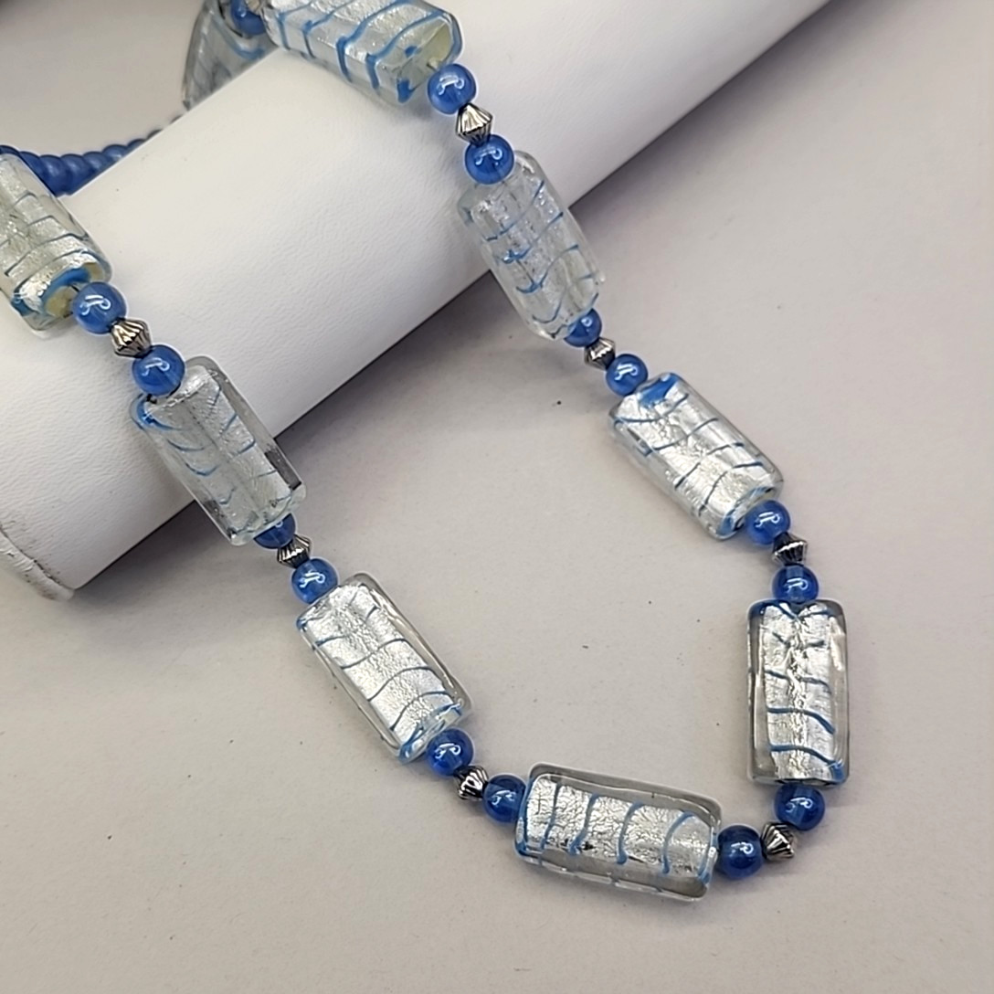 Vintage Glass Beaded Necklace Blue Striped Silver Foil Toggle 19″