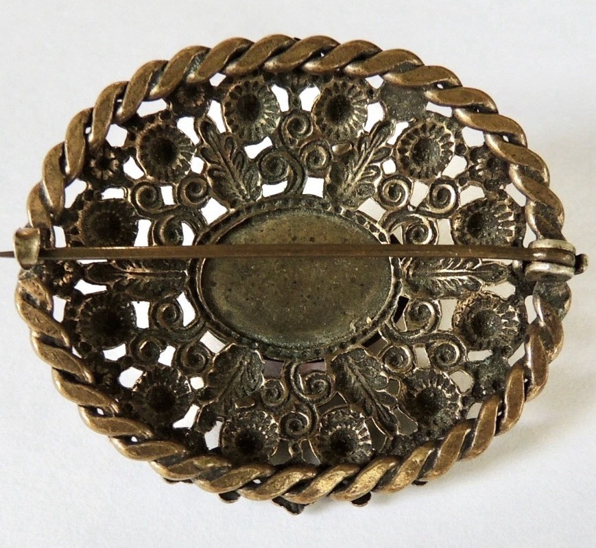 Victorian Brooch Brass Filigree Blue Yellow Flower Red Stone C Clasp Boho Czech?