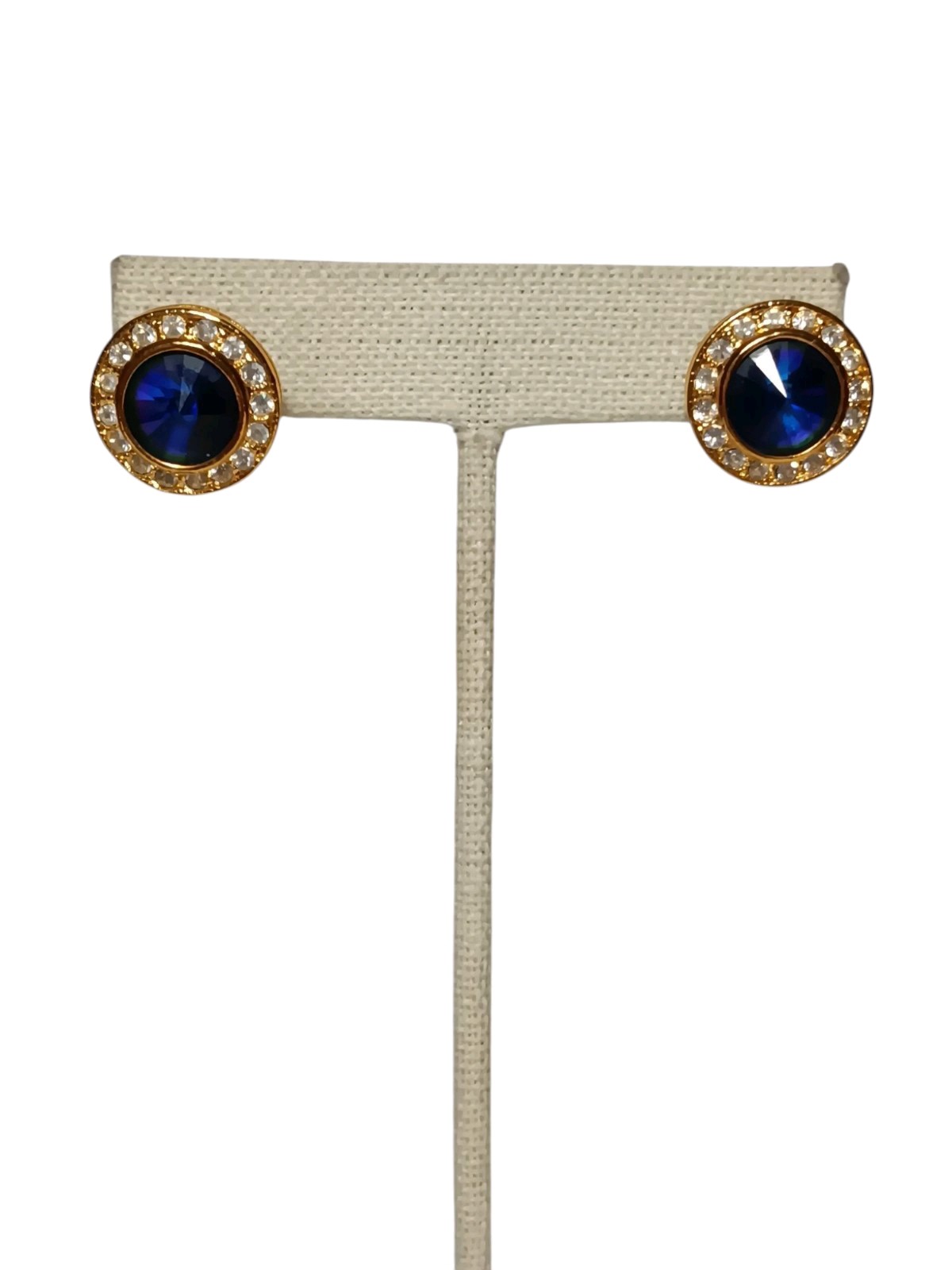 Roman Signed Earrings Violet Blue Rivoli Clear Crystal Gold Tone Round Pierced