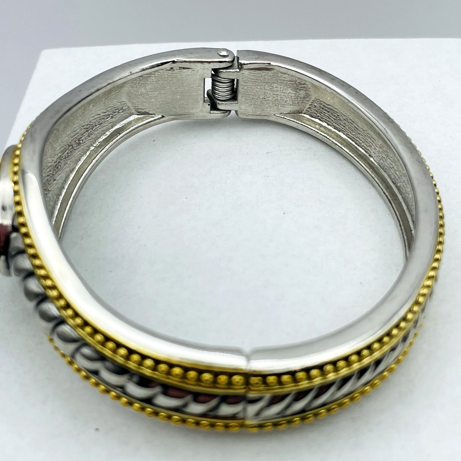 Vintage Silver and Gold Tone Hinged Bangle Bracelet Black Faceted Acrylic Stone