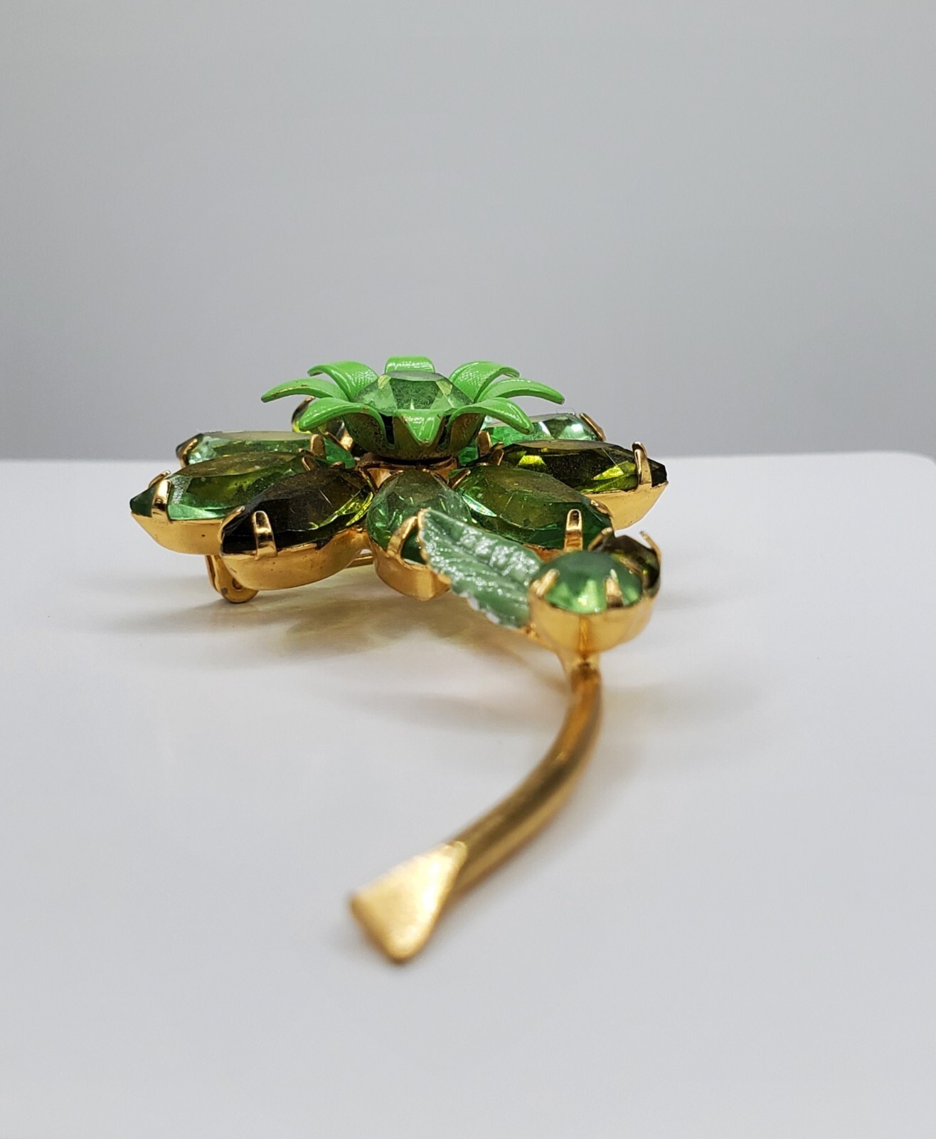 Vintage Adorable Open Back Green Glass , Rhinestones & Enamel Flower Brooch