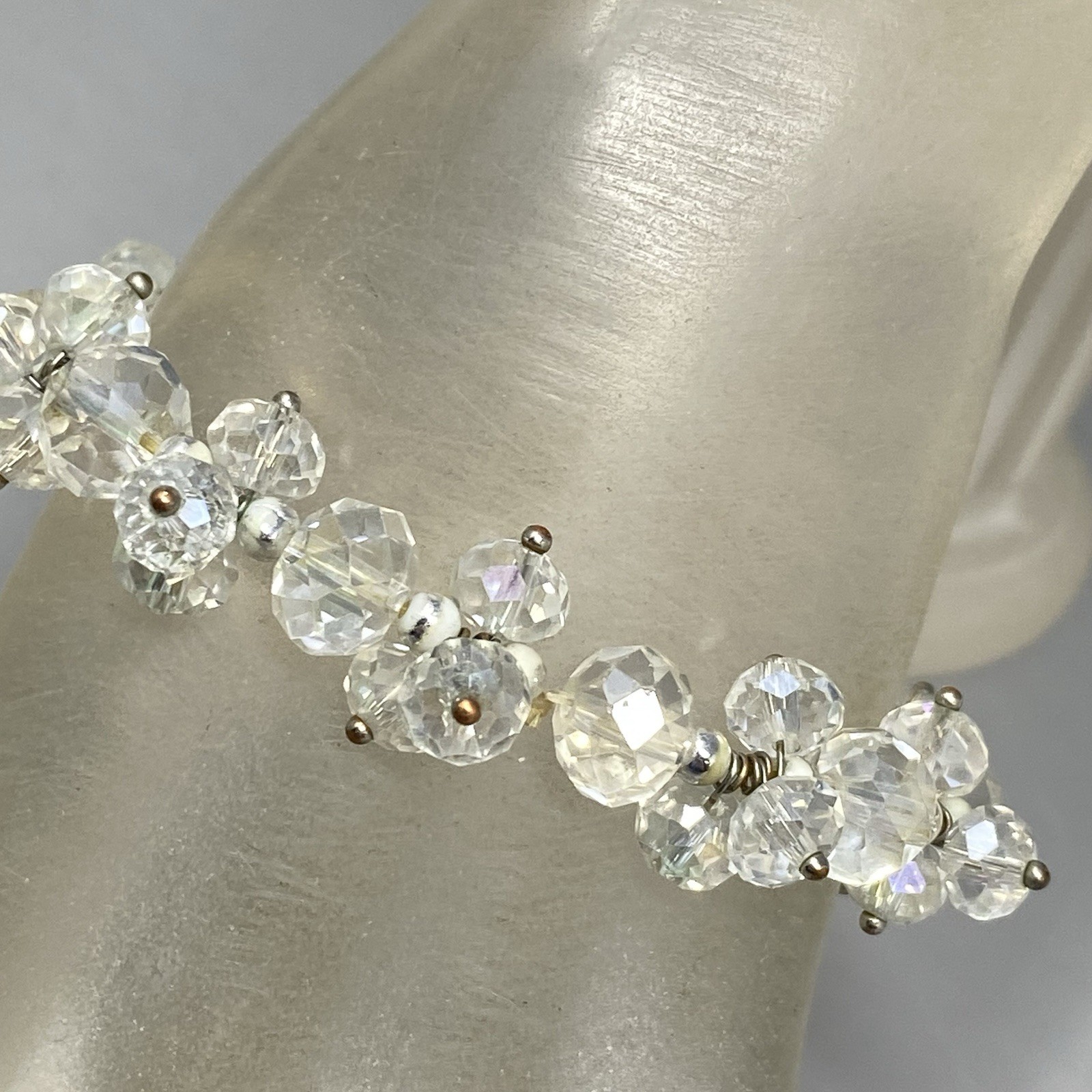 VTG Clear Glass Bead Cluster Bracelet Stretch Fire Polished AB Coated Retro 6.75