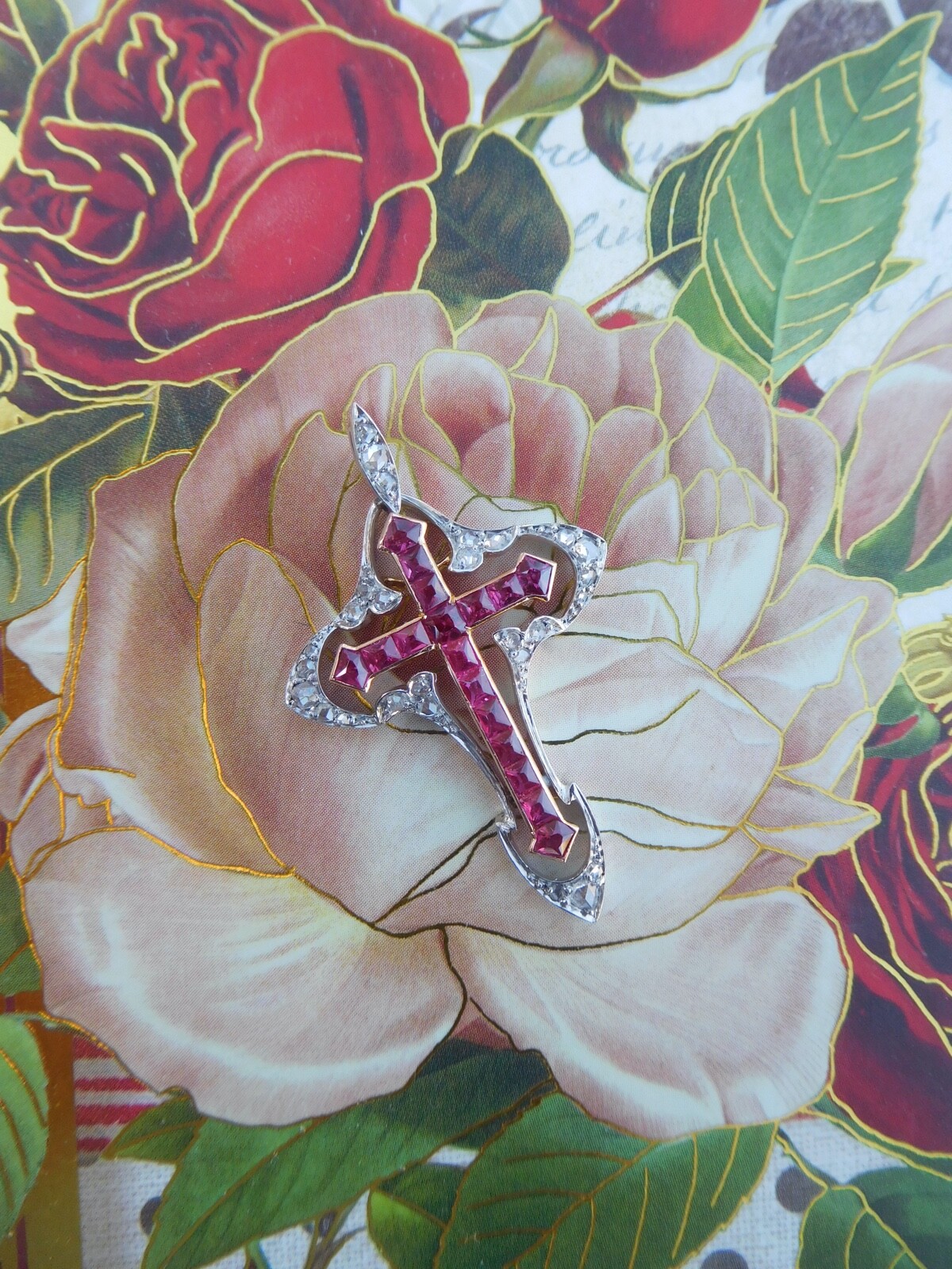 Belle Époque Art Nouveau 18K Rose Gold Platinum Diamonds Rubies Cross Pendant 🥀