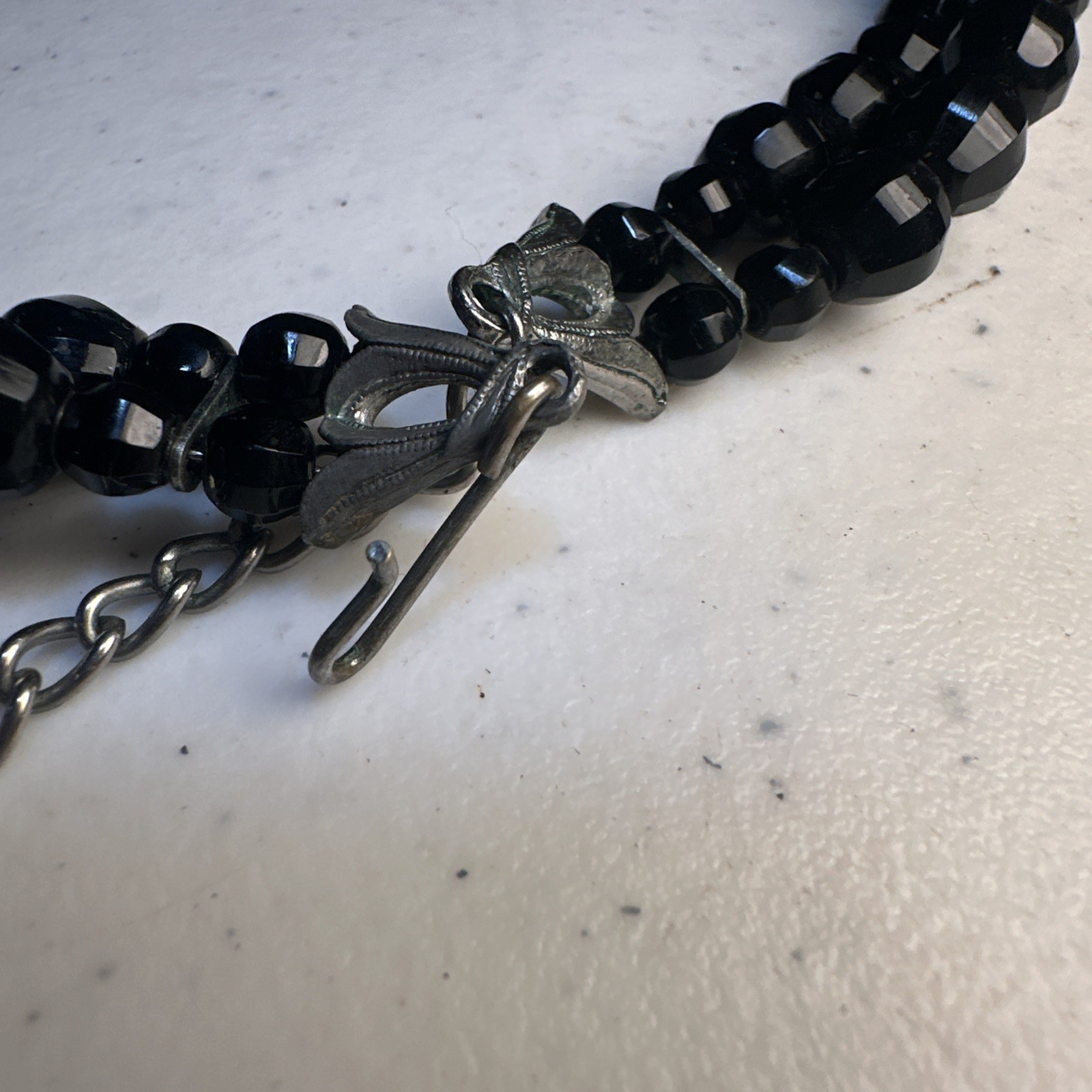 Vintage Faceted Black Bead Choker Style Necklace Double Strand Fish Hook Clasp