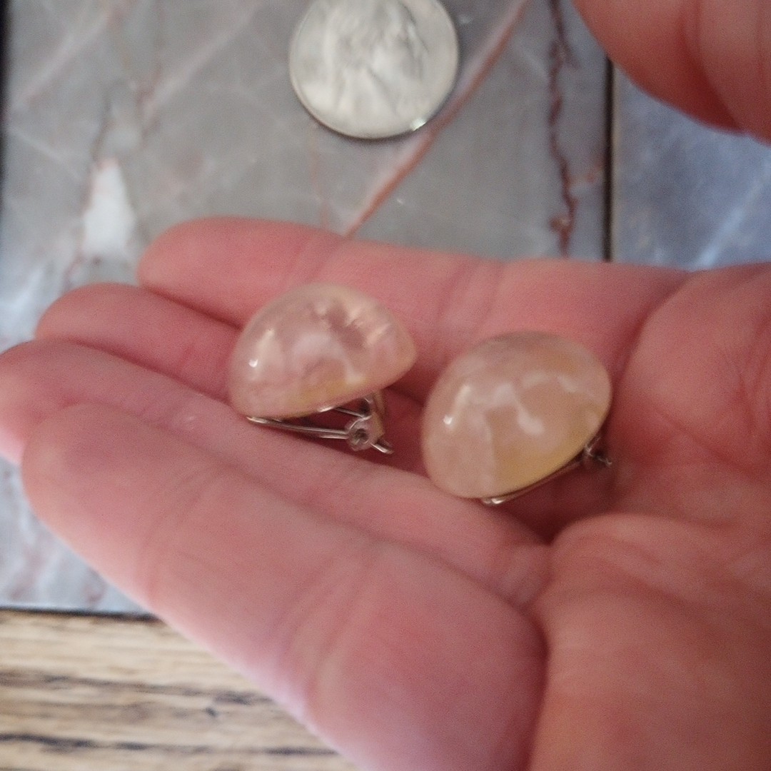 Vintage Rose Quartz Clip On Earrings Translucent Pink Stone Estate Jewelry…
