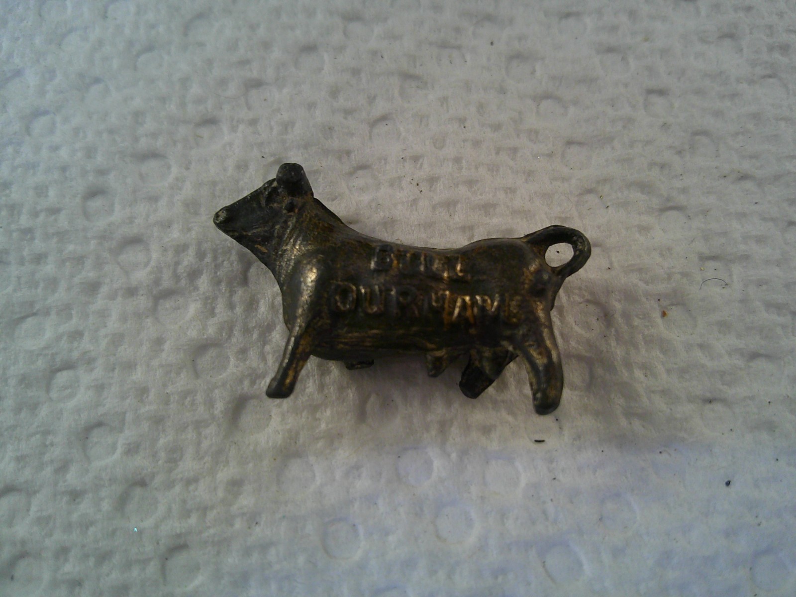 Genuine Metal Cow marked BULL OUR HAM has two broken legs RARE UNIQUE