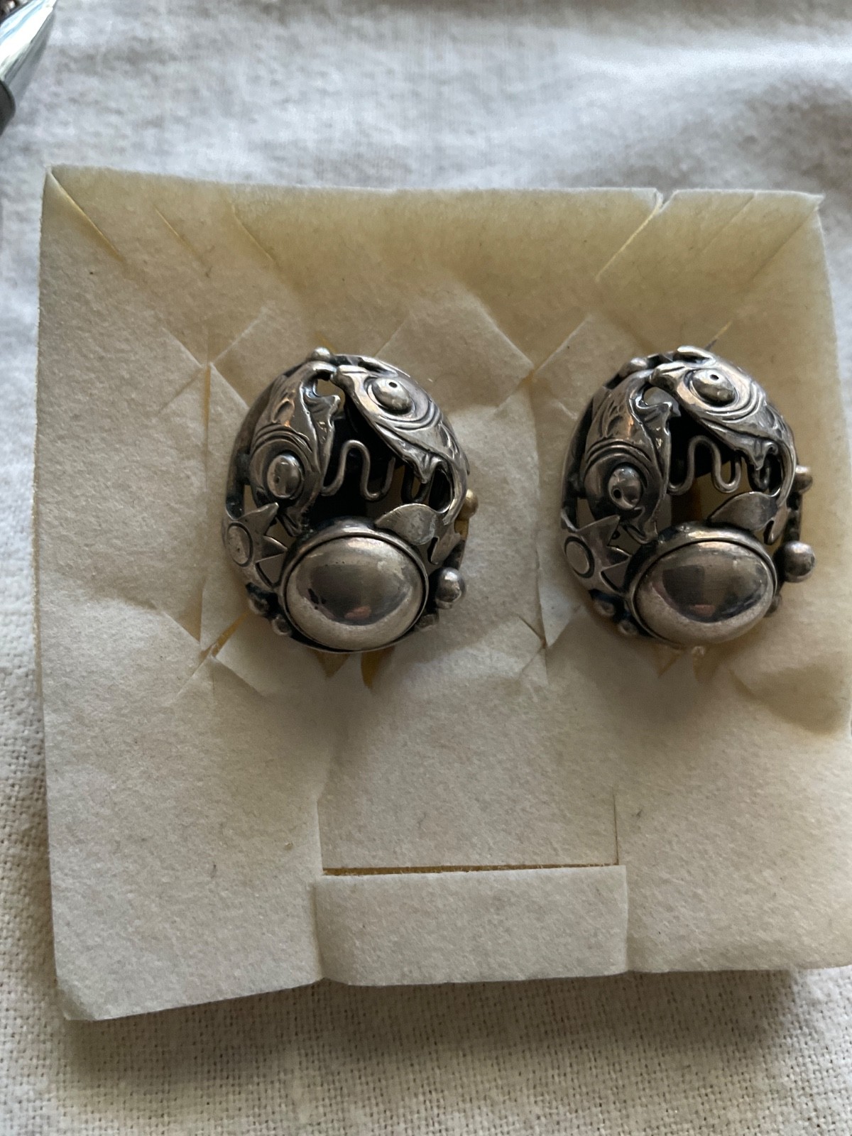 Vintage n e from unsigned Denmark Sterling Fish earrings screwback now omega