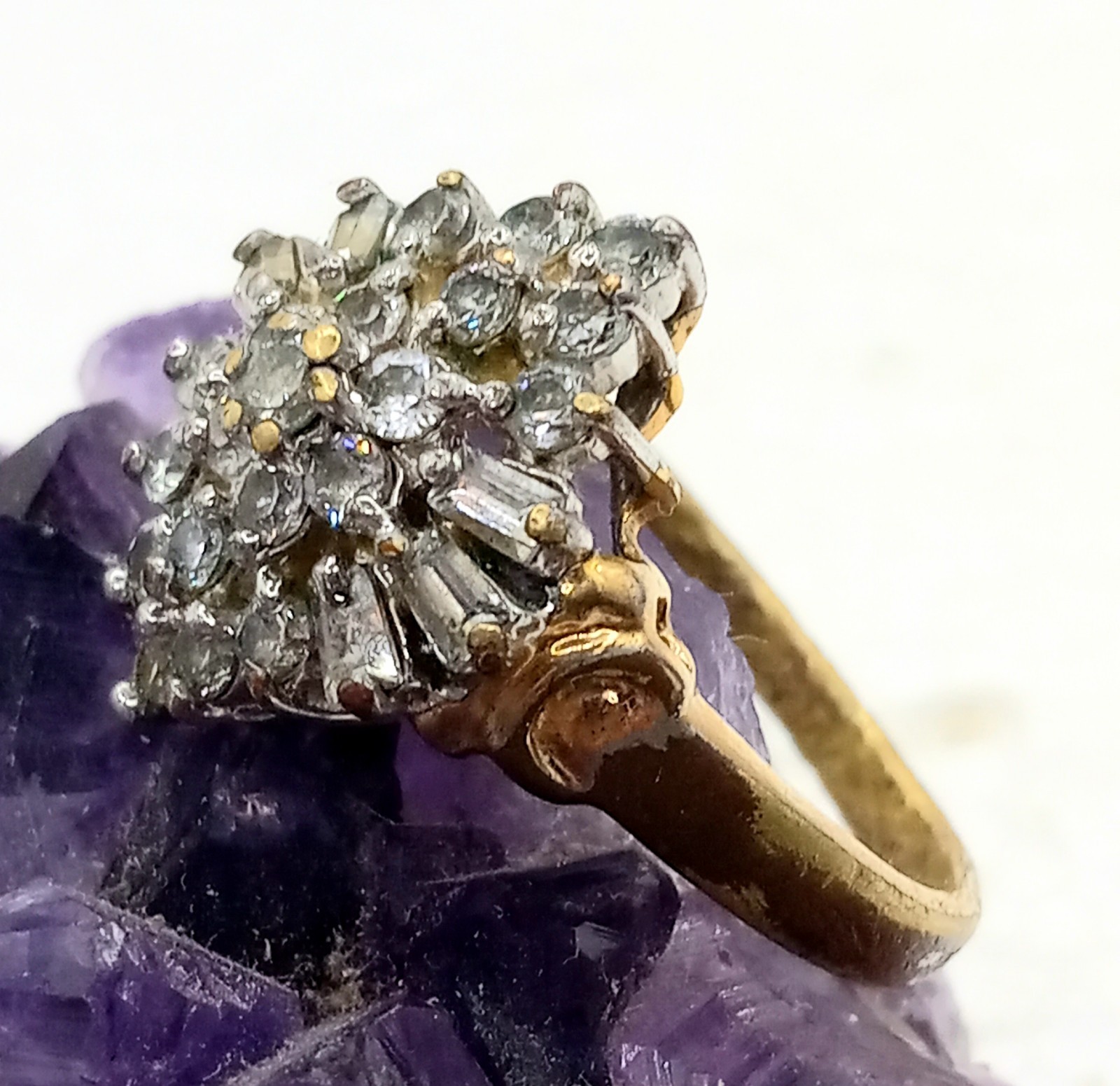 Vintage Womens Cluster Ring Baguette & Round Rhinestones, 14Kt Plated Size 6.25