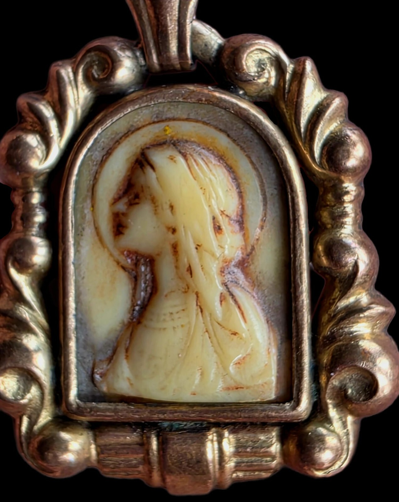 Fine Antique European Art Deco Gold Silver Virgin Mary Pendant Medal Ca 1900